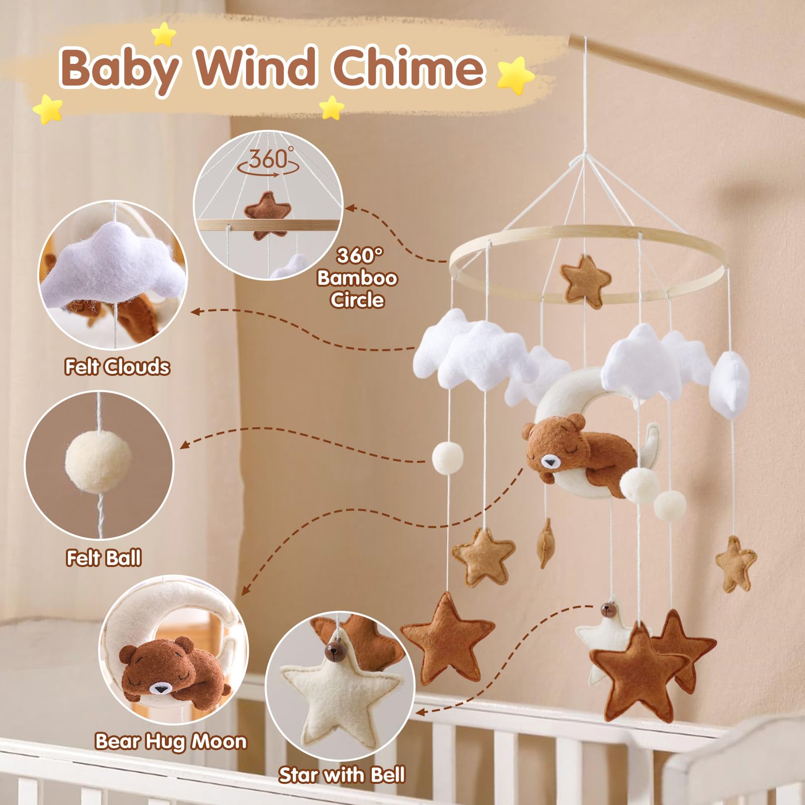 Mobile lit bébé, Mobile Bébé Bois avec Ours Etoiles Nuages Lune Cloches, Bois Berceau Bébé Jouet, Carillon Mobile, Chambre de Bébé Cloche de Lit, Cadeaux Naissance pour Bébés Filles Garçons (Marron)