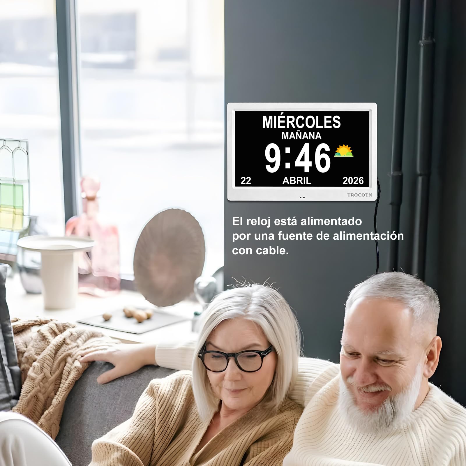TROCOTN Reloj Digital Grande para Personas Mayores - Calendario Con Alarmas Personalizadas, de Pared Con Día y Fecha, Despertador, de Escritorio (10 Pulgadas, Blanco)