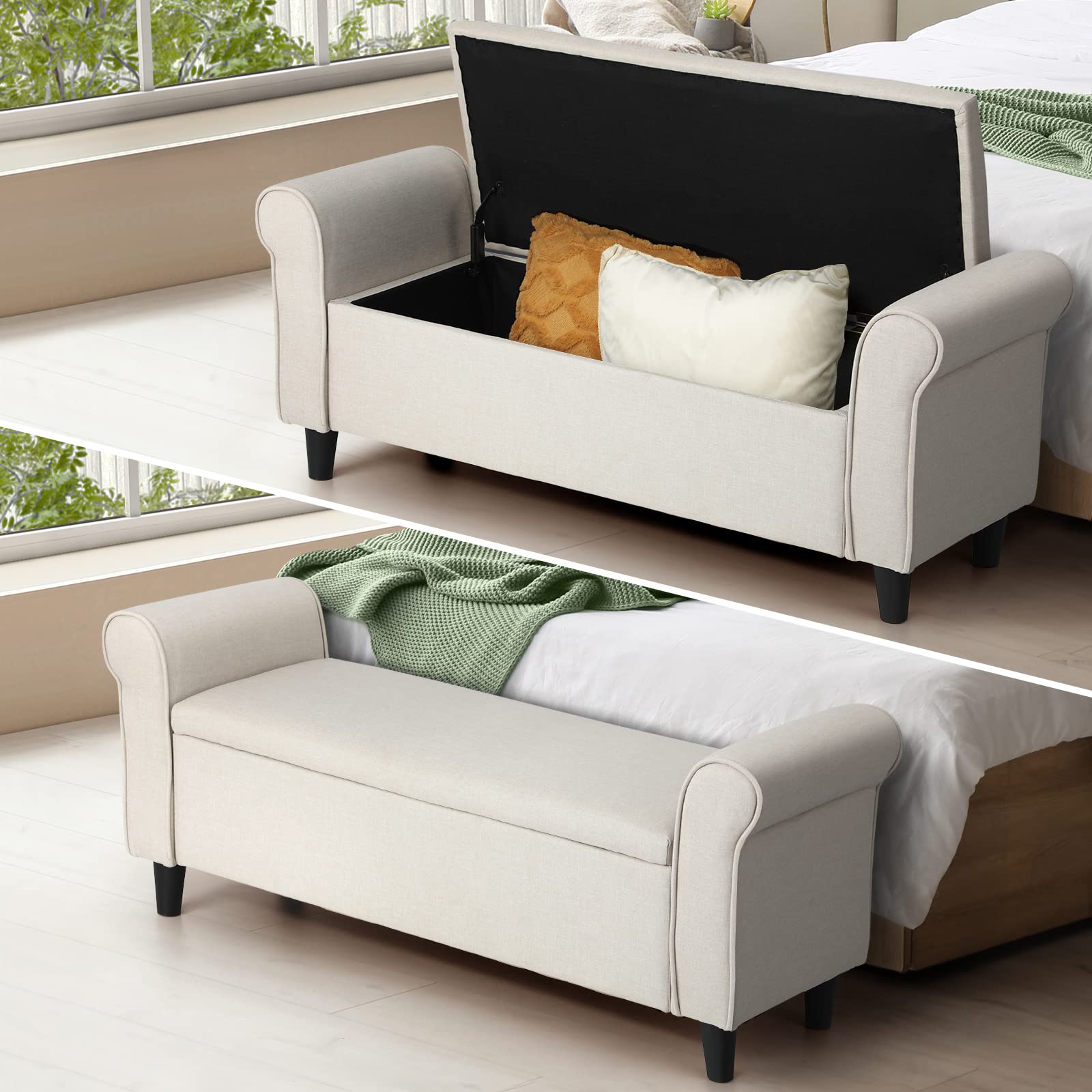 Oikiture 118.5cm Ottoman Storage Blanket Box Linen Fabric Beige ...