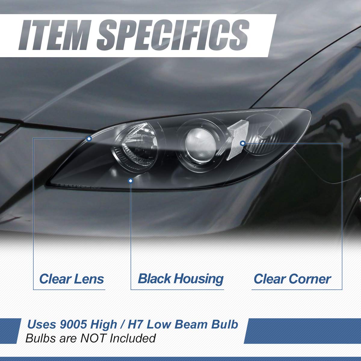 Auto Dynasty Headlights Assembly Lamps Compatible with 2004-2009 Mazda 3 Sedan 4-Door, Projector Factory Style Headlamps Replacement, Driver and Passenger Side, Black Housing Clear Corner