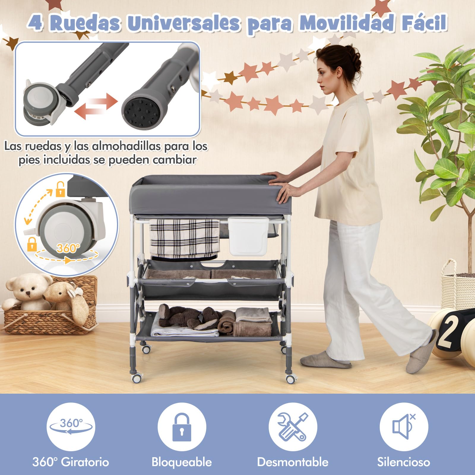 GOPLUS Cambiador Portátil para Bebés, Centro para Cuidado Infantil con Altura Ajustable, Cubierta Impermeable, Estantes y Papelera, Estación Plegable para Pañales con Ruedas (Gris)