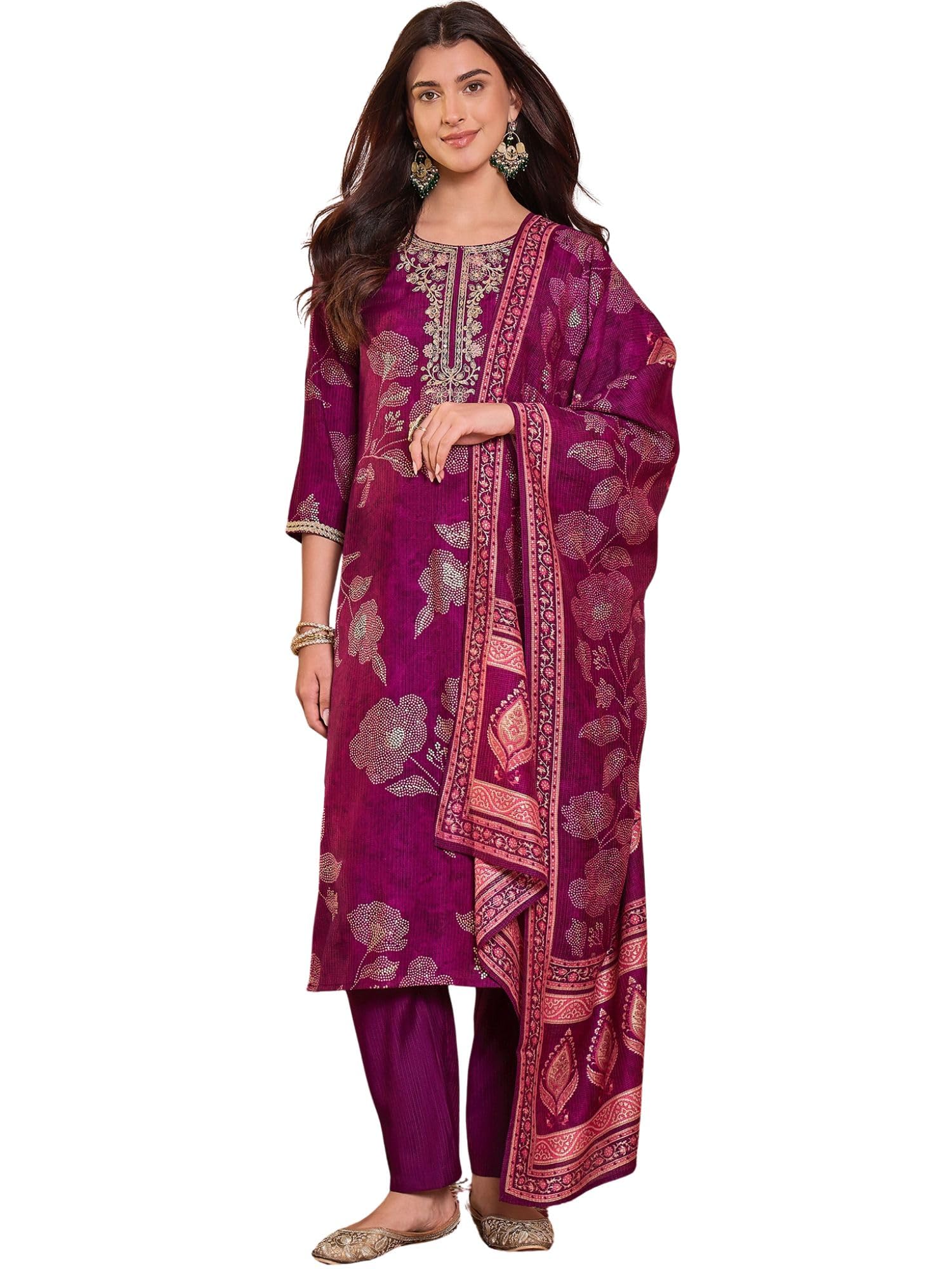 Purple Silk Blend Printed Straight Floral Kurta Trousers With Dupatta Set | Festive Straight Kurta Set For Women | Floral Salwar Suit For Women-image-11