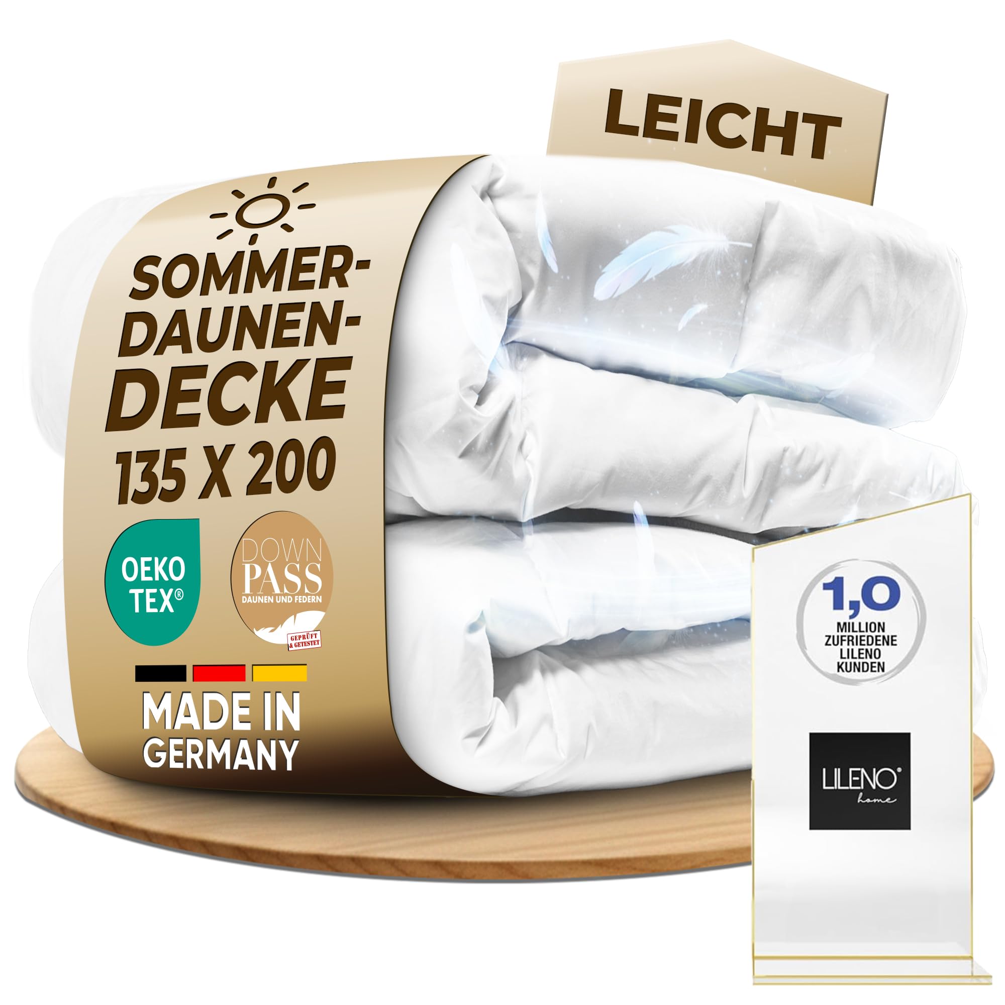 LILENO HOME Premium Daunendecke Sommer 135x200 (90% Daunen / 10% Federn) – Flüsterleise & Wolkenweich – luftig leichte Bettdecke 135x200 – Made in Germany, Oeko-Tex & 60 °C Waschbare Sommerdecke