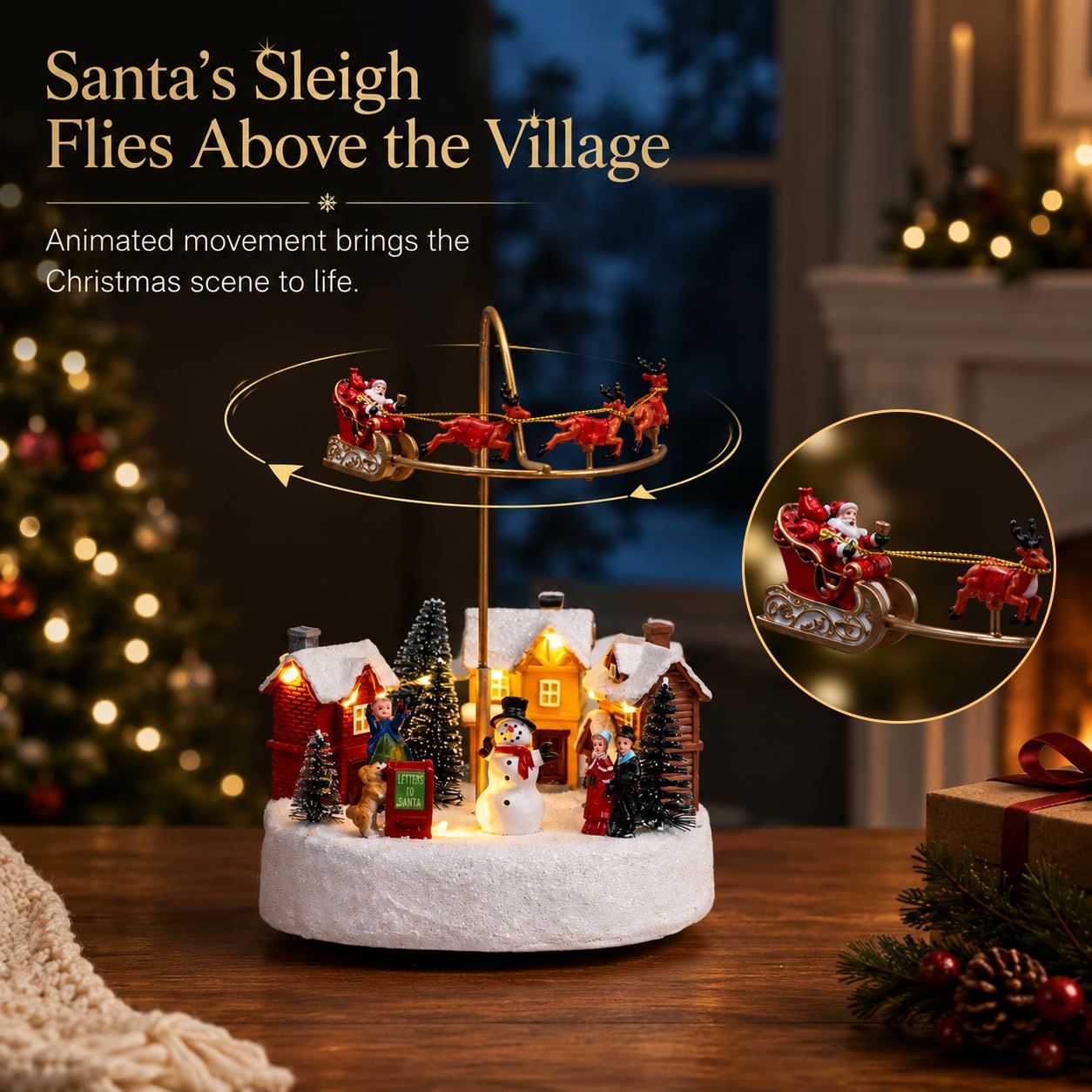 Candieslife Decoración animada de pueblo de Navidad, figura de mesa con diseño de Papá Noel volador y reno en el aire, figura de mesa iluminada de invierno con casas y muñeco de nieve, centro de mesa
