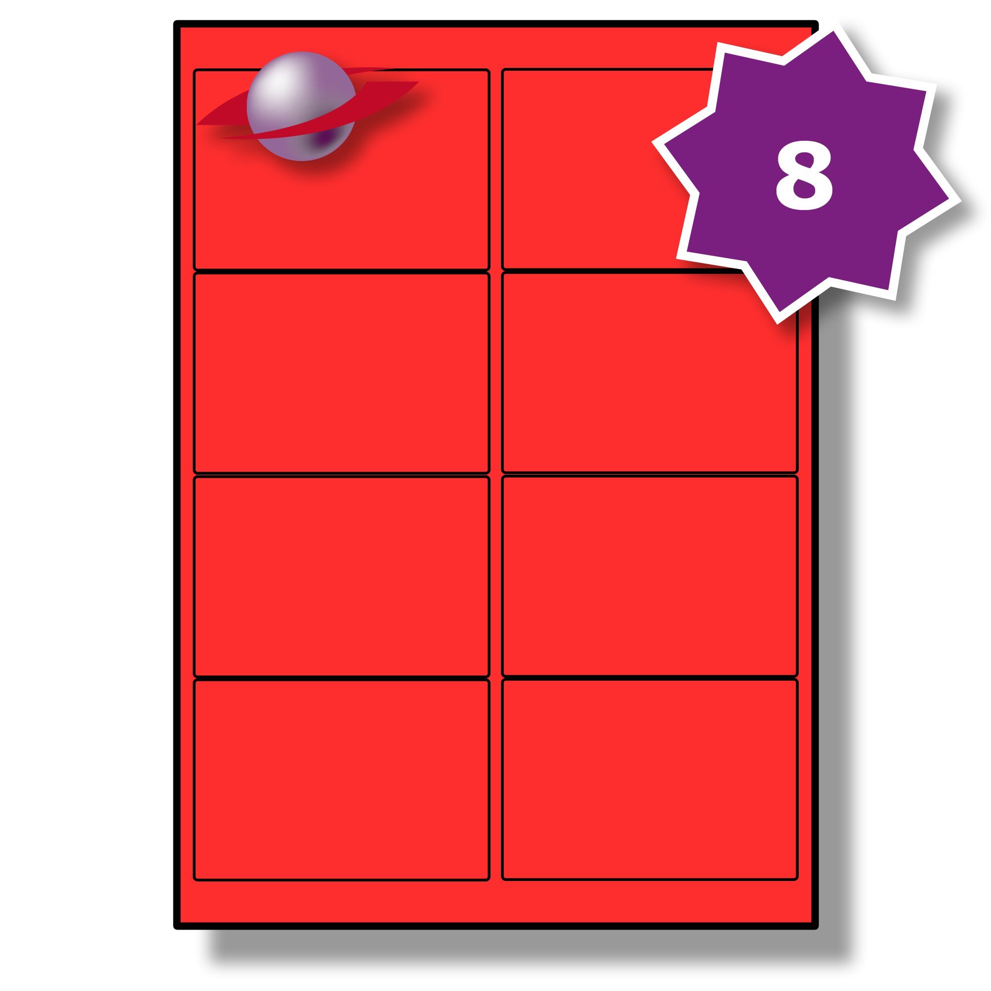 Label Planet® 8 Per Sheet, 10 Sheets (80 Fluorescent RED Labels). Fluorescent Labels for Laser Printers, 99.1 x 67.7mm, LP8/99 FC.
