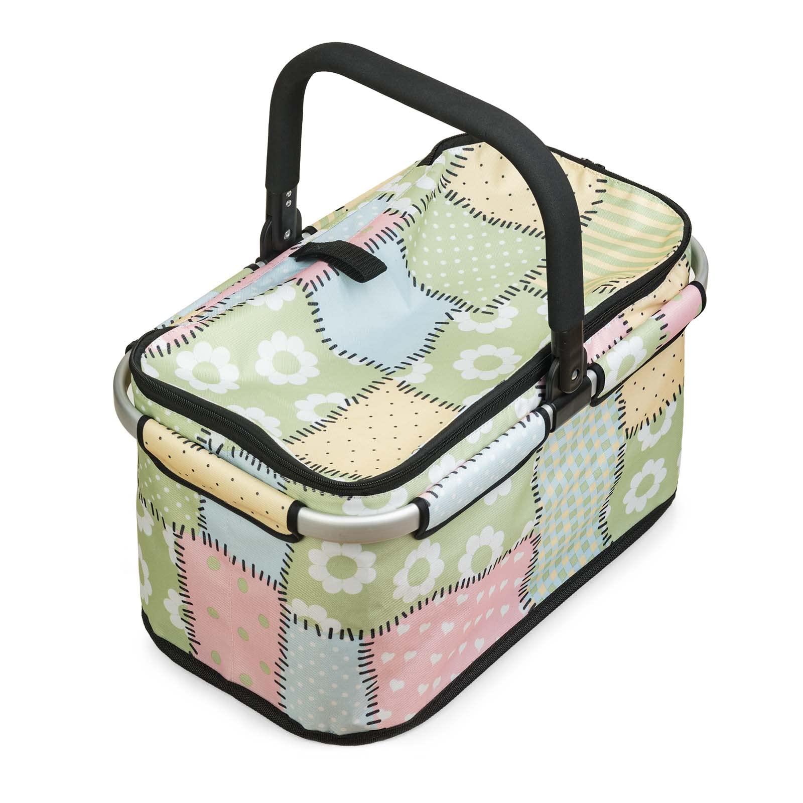 Opvouwbare boodschappenmand grijs, grote picknickmand met gevoerde handgrepen, praktische opvouwbare mand, boodschappentas met aluminium frame, robuuste mand