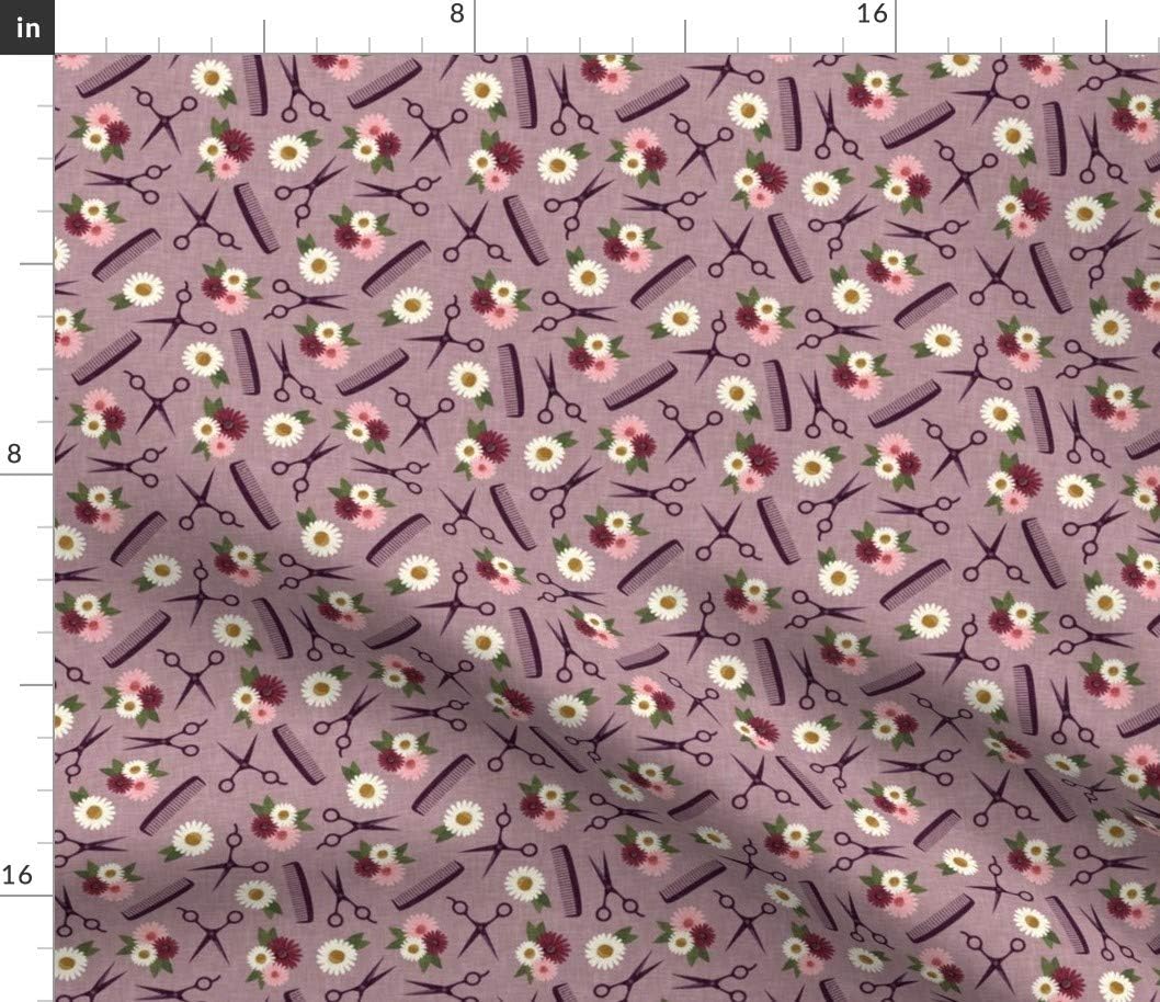 Spoonflower Fabric - Floral Mauve Stylist Hairdresser Flowers Hair Scissors Tools Printed on Petal Signature Cotton Fabric by The Yard - Sewing Quilting Apparel Crafts Decor