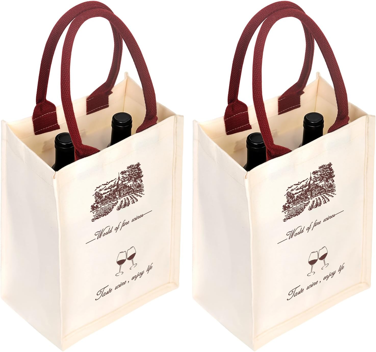 Canvas Wine Tote Bags 2 Pack, Reusable Wine Gift Bags with Sturdy Handles, Elegant Wine Bottle Holder for Gift Giving, Parties, Wedding Favors（2PCS） | Reusable
