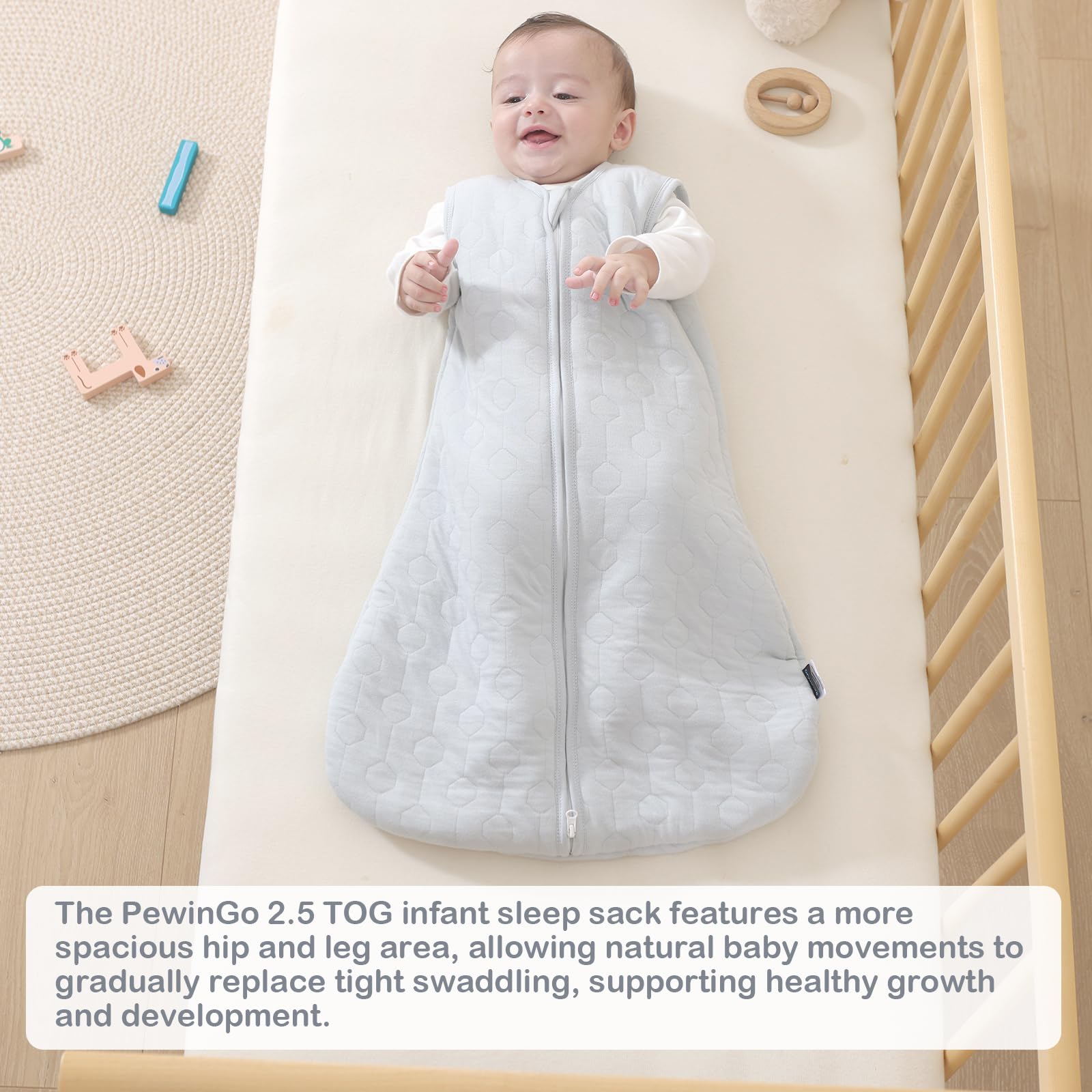 PewinGo Sacco Nanna Neonato 2.5 TOG 0-6 Mesi | Fibre di Cotone e Poliestere| Coperta Indossabile con Doppia Cerniera | Morbido, Delicato Sulla Pelle & Lavabile in Lavatrice