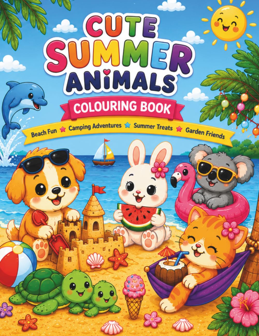 Cute Summer Animals Colouring Book: Beach Fun, Camping Adventures, Summer Treats, Garden Friends & Bonus Activity Pages for Kids
