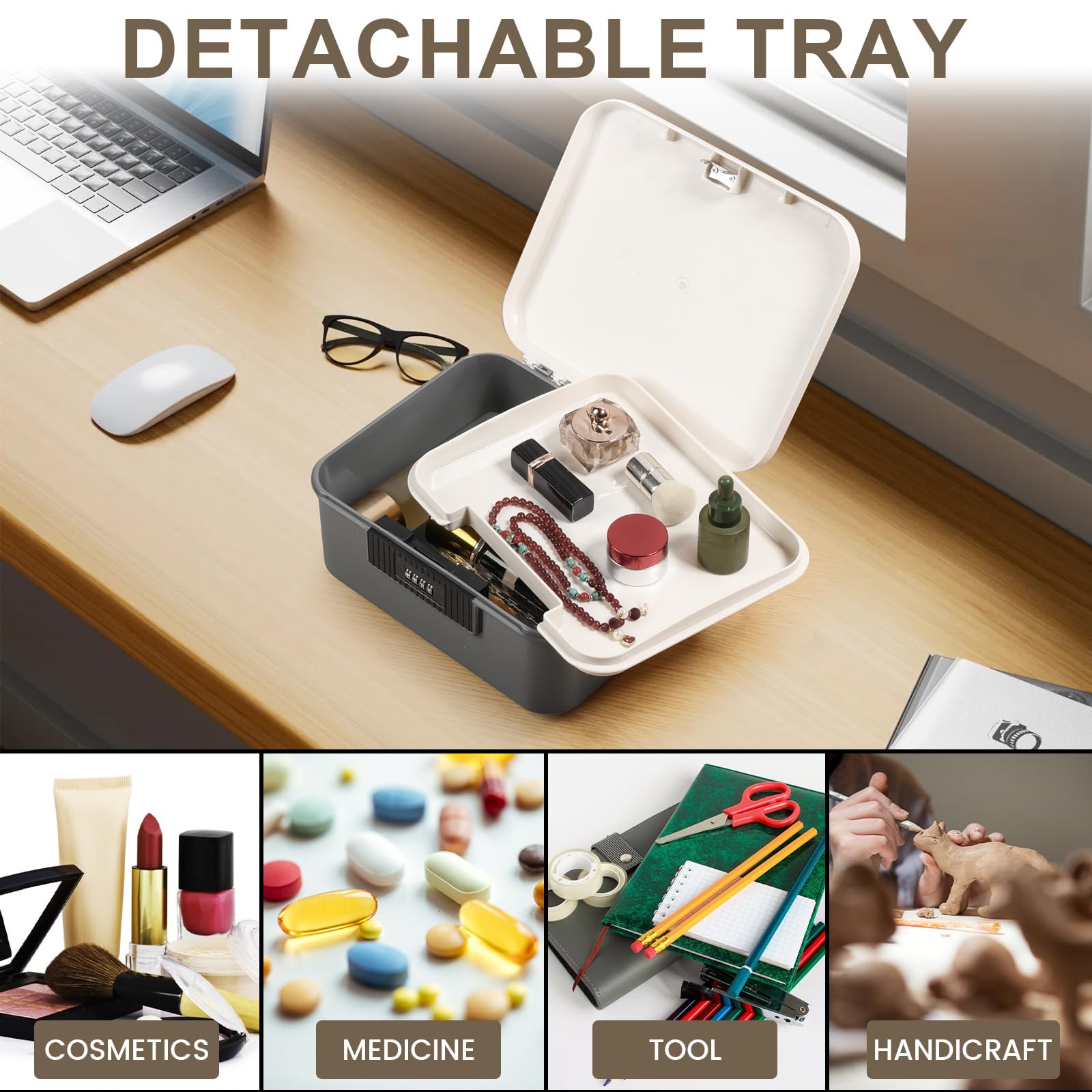Caja de almacenamiento profesional con cerradura, 26 x 22 x 12 cm, aprox. 9 L, con cerradura de combinación de 4 dígitos para objetos personales, documentos y valores, color gris