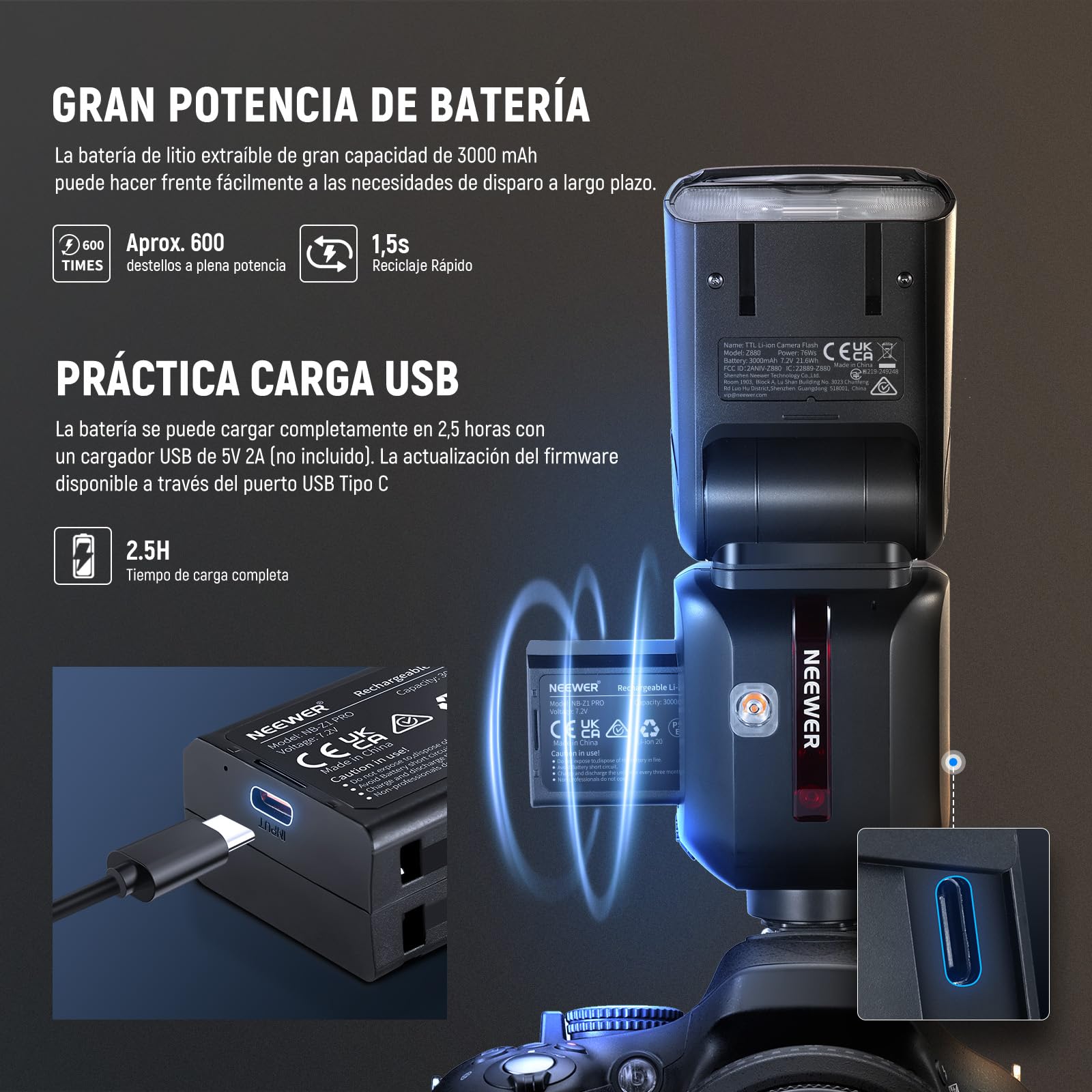 NEEWER Z880-S 2,4G 76Ws TTL Flash Speedlite para Sony Cámara UI Actualizada Lámpara Modelado Ajustable TTL/M Interruptor Rápido Tecla TCM 1/8000s HSS 7,2V/3000mAh Batería 600 Flash Potencia Completa