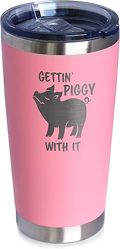 Bevvee Gettin Piggy - Vaso de café aislado con tapa deslizante, taza aislada de acero inoxidable, regalos de café con temas de cerdo, color rosa