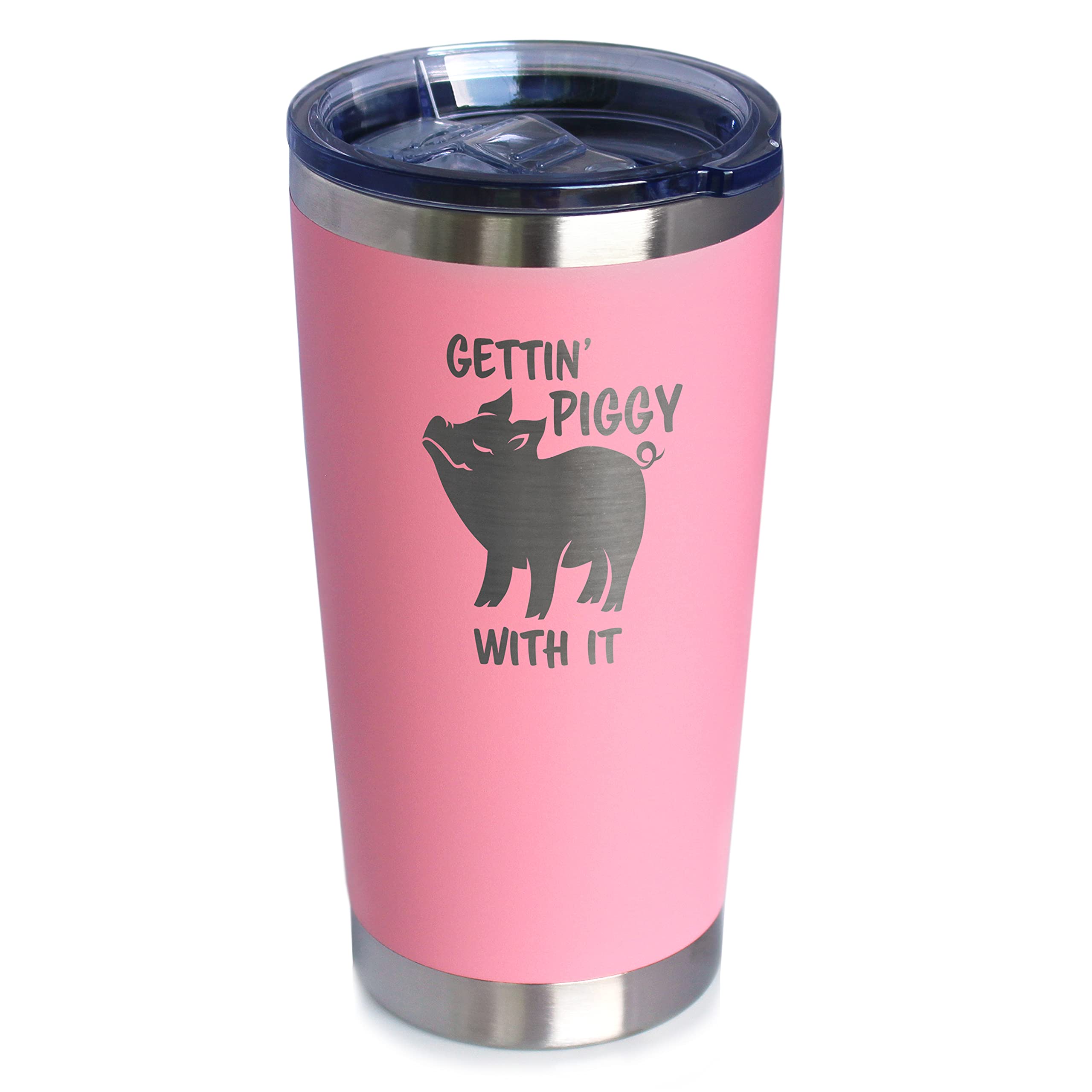 Bevvee Gettin Piggy - Insulated Coffee Tumbler Cup with Sliding Lid - Stainless Steel Insulated Mug - Pig Themed Coffee Gifts - Pink