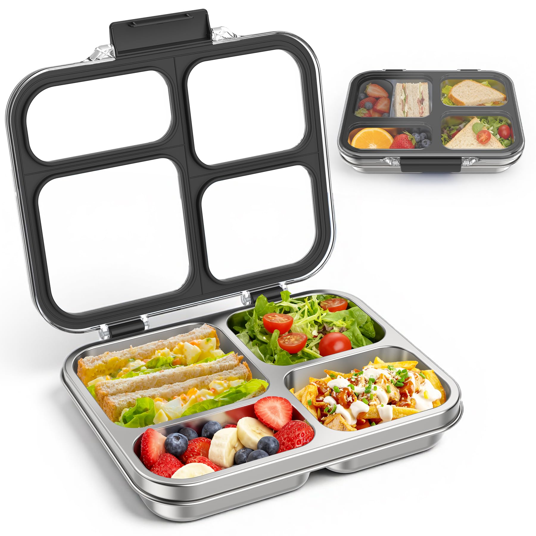 Photo 1 of Stainless Steel Bento Box for Kids Adults with Silicone Container, Leak Proof 4 Compartments Metal Lunch Box, Removable Silicone Seal & Clear Lid Food Container for School Office, BPA-Free(Black)