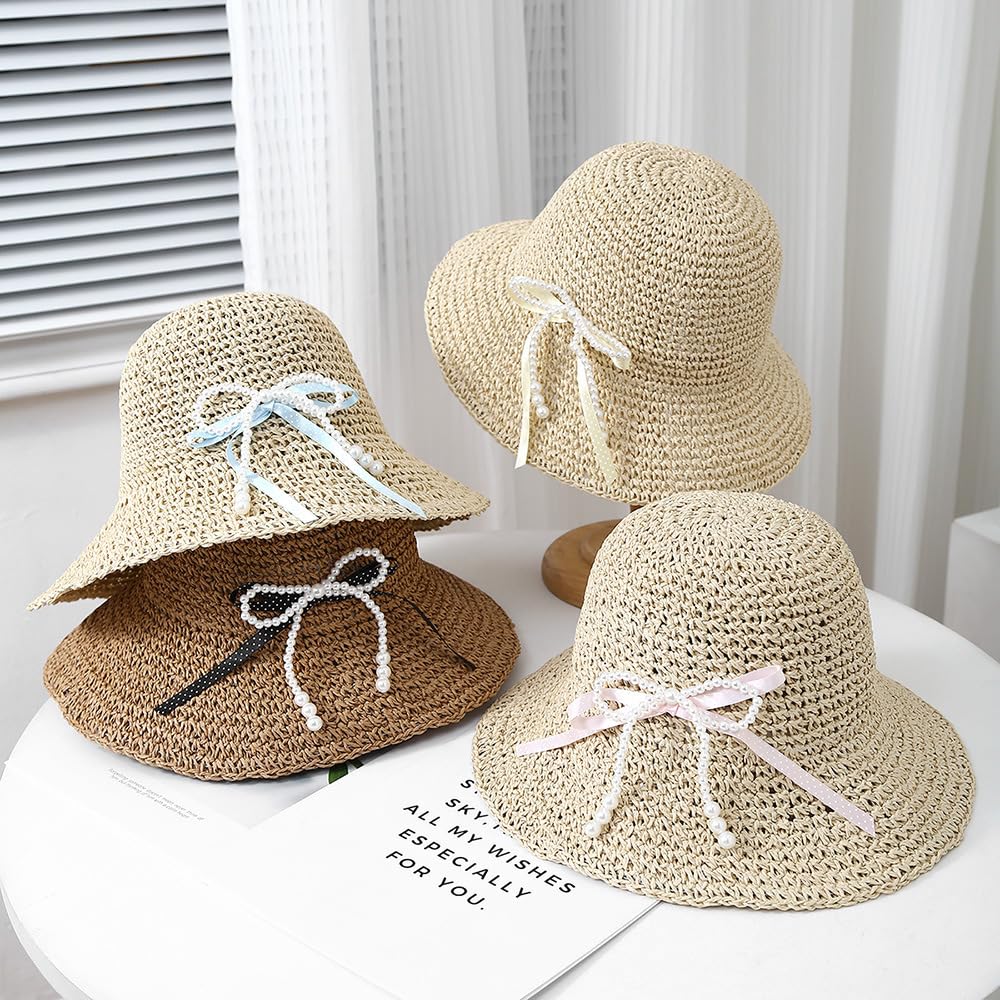 Sombrero de Paja Plegable de Verano para Mujer,de ala Ancha,con Protección UV y Lazo de Perla,Plegable y Transpirable,Ideal para Playa,Viajes y Fiestas