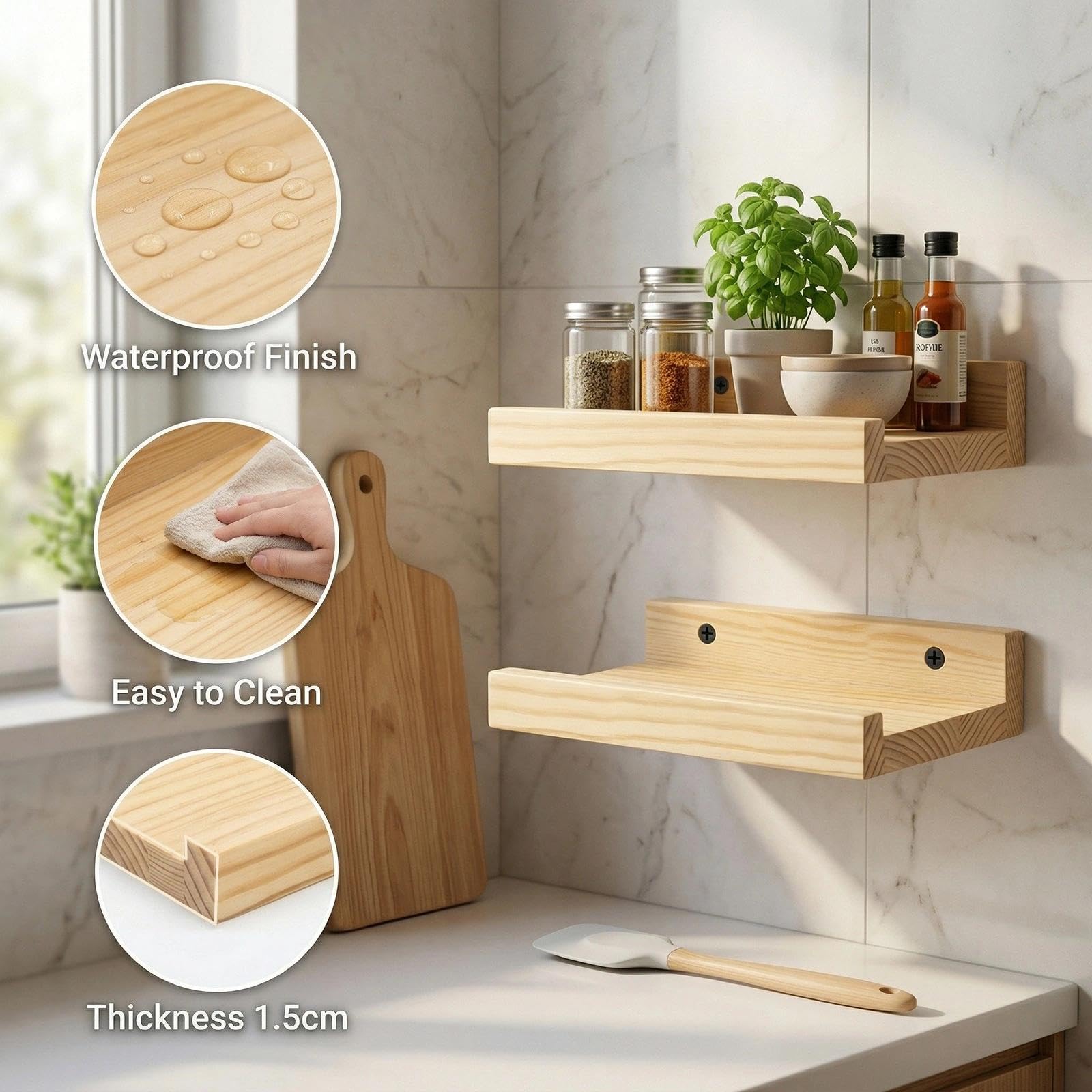 Pequeños estantes de decoración, mini estante flotante de madera natural para altavoces inteligentes WiFi coleccionables, madera, montado en la pared, 8 x 5 pulgadas, paquete de 2