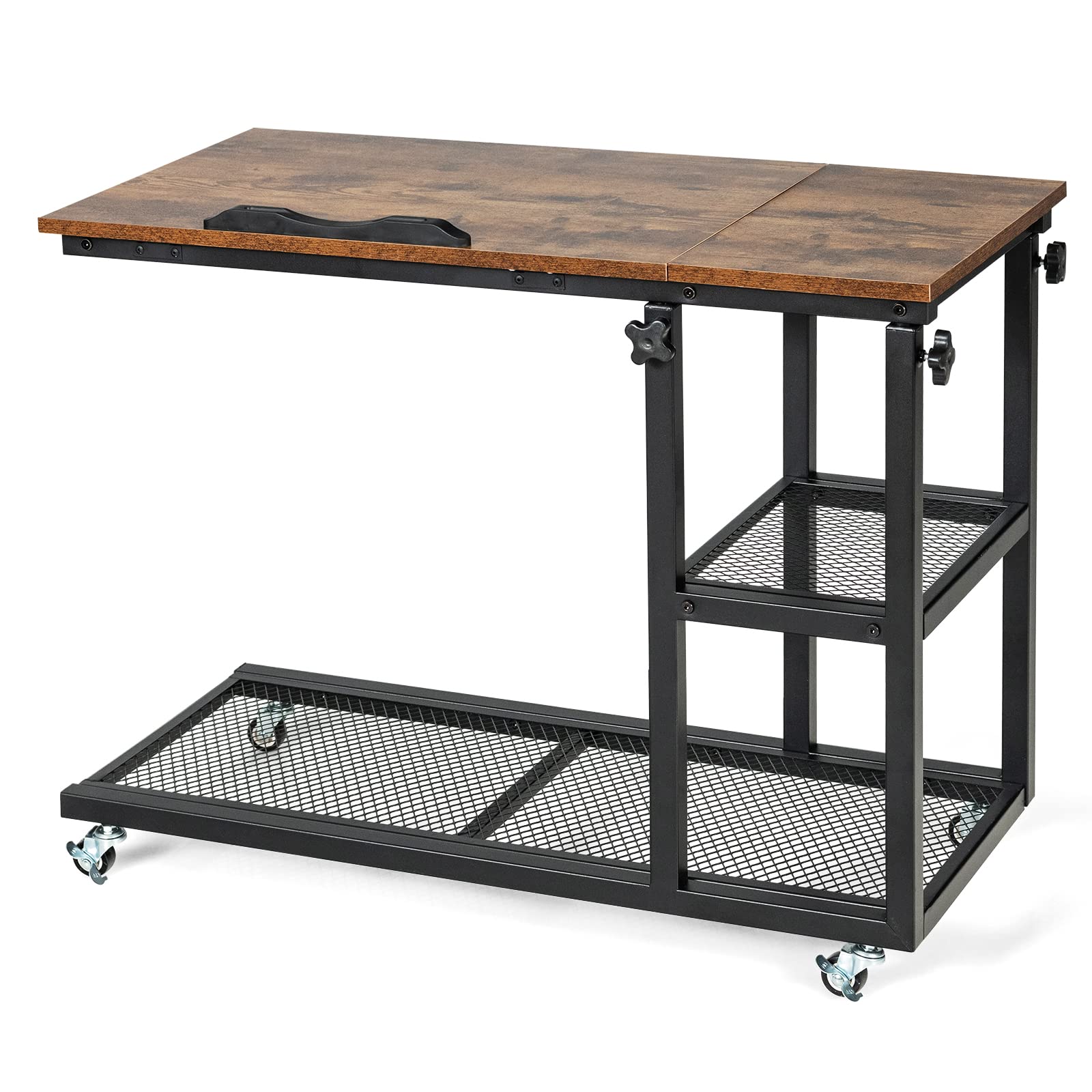 Multigot Rolling Sofa End Table, Height Adjustable Mobile Laptop Desk with Wheels, 2 Tier Storage Rack and Tilting Top, C-Shaped Coffee Tea Side Table for Bedroom Living Room (Rustic Brown) — image 1