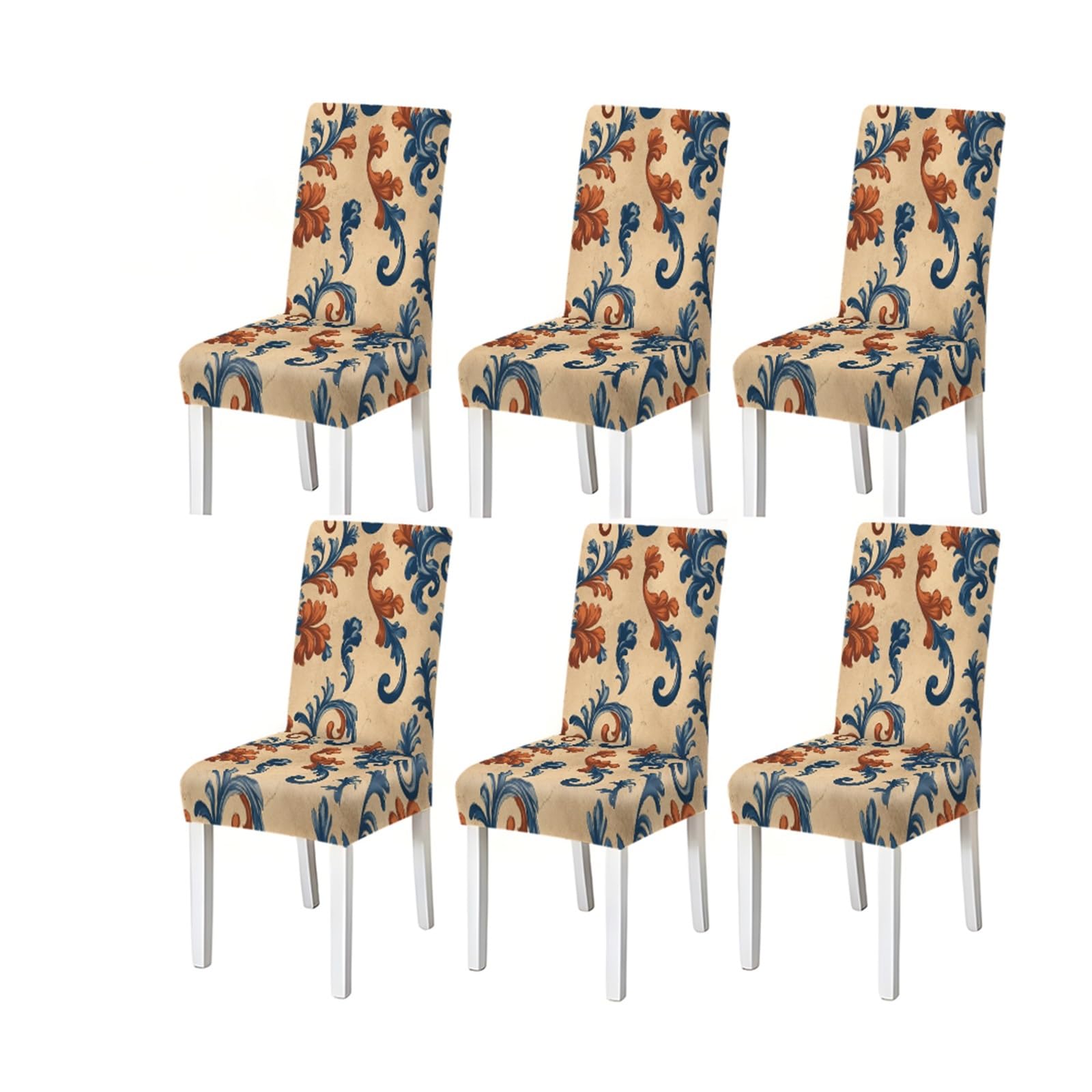 KXUAUV Vintage Beige Blue Orange Baroque Scroll Pattern Print Dining Chair Covers Set Of 2/4/6, Stretch Slipcovers For Kitchen Dining Room Seat Protectors for Restaurant Hotel Party(6PCSChair cover)