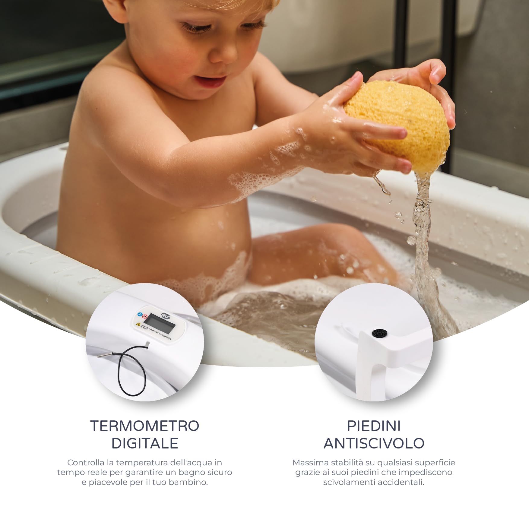Ms Babyworld – FLEX + TERMOMETRO + CUSCINO – Vaschetta da bagno pieghevole e flessibile | Fino a 24 mesi | Termometro | Cuscino riduttore per neonati | Piedini antiscivolo | Indicatore di temperatura