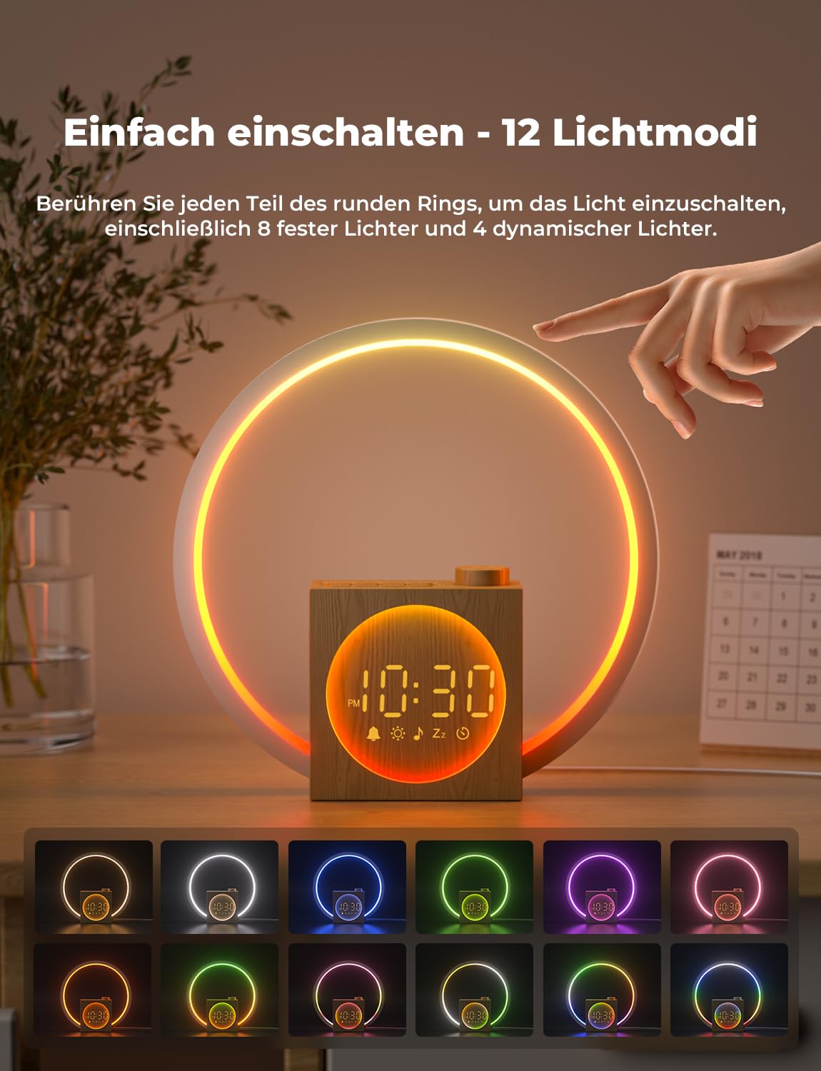 LIORQUE Tageslichtwecker Sonnenaufgang Simulation Wecker mit Licht 20 Helligkeitsstufen 12 Farblicht Snooze