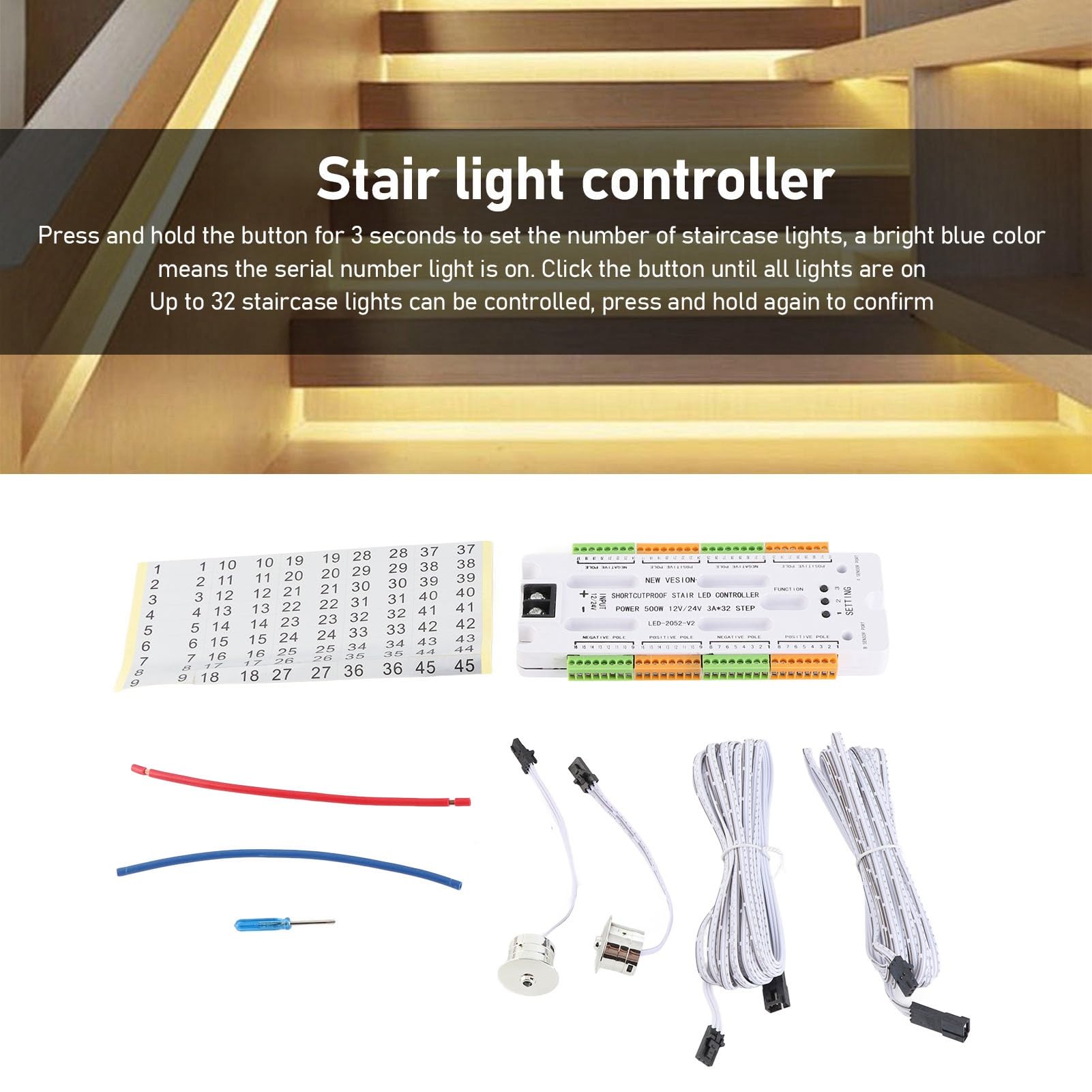 Wakects Contrôleur de Lumière d'Escalier à Capteur de Mouvement DC12V 24V LED 32 Ports
