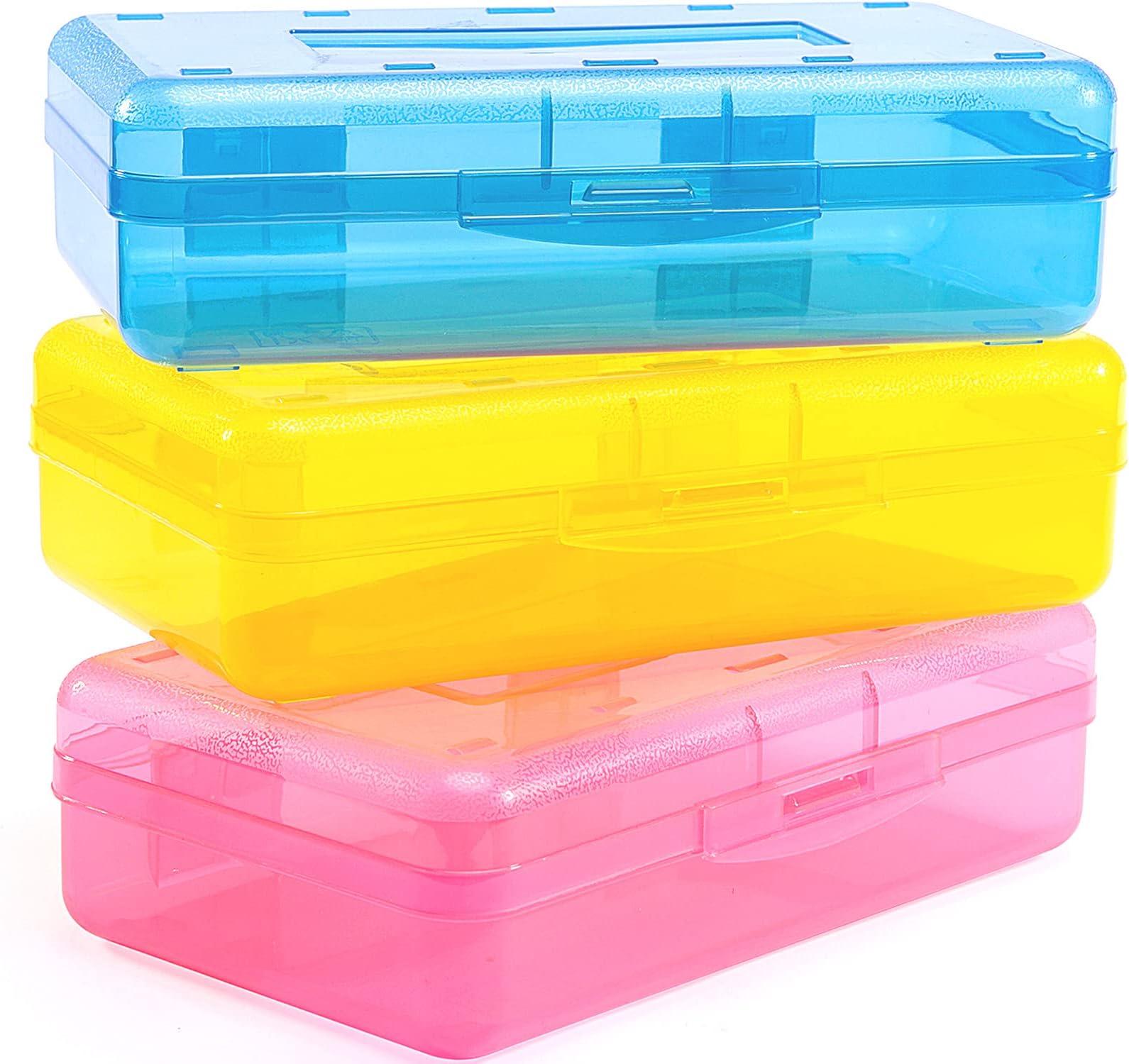 - Sooez 3 Pack Pencil Case, Large Hard Pencil Box Bulk, Clear Crayon Box Marker Pen Organizer, Plastic Storage Container with Snap Lid, Art Craft Organizer Back to School Supplies, Colorful