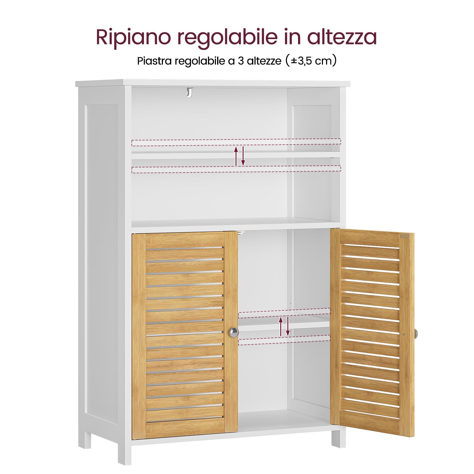 Meuble de Salle de Bain, Armoire de Rangement Cuisine avec 2 Compartiments Ouverts et 2 Portes en Bambou, Meuble de Rangement pour Salle à Manger, Cuisine, Salon, 60x30x100 cm