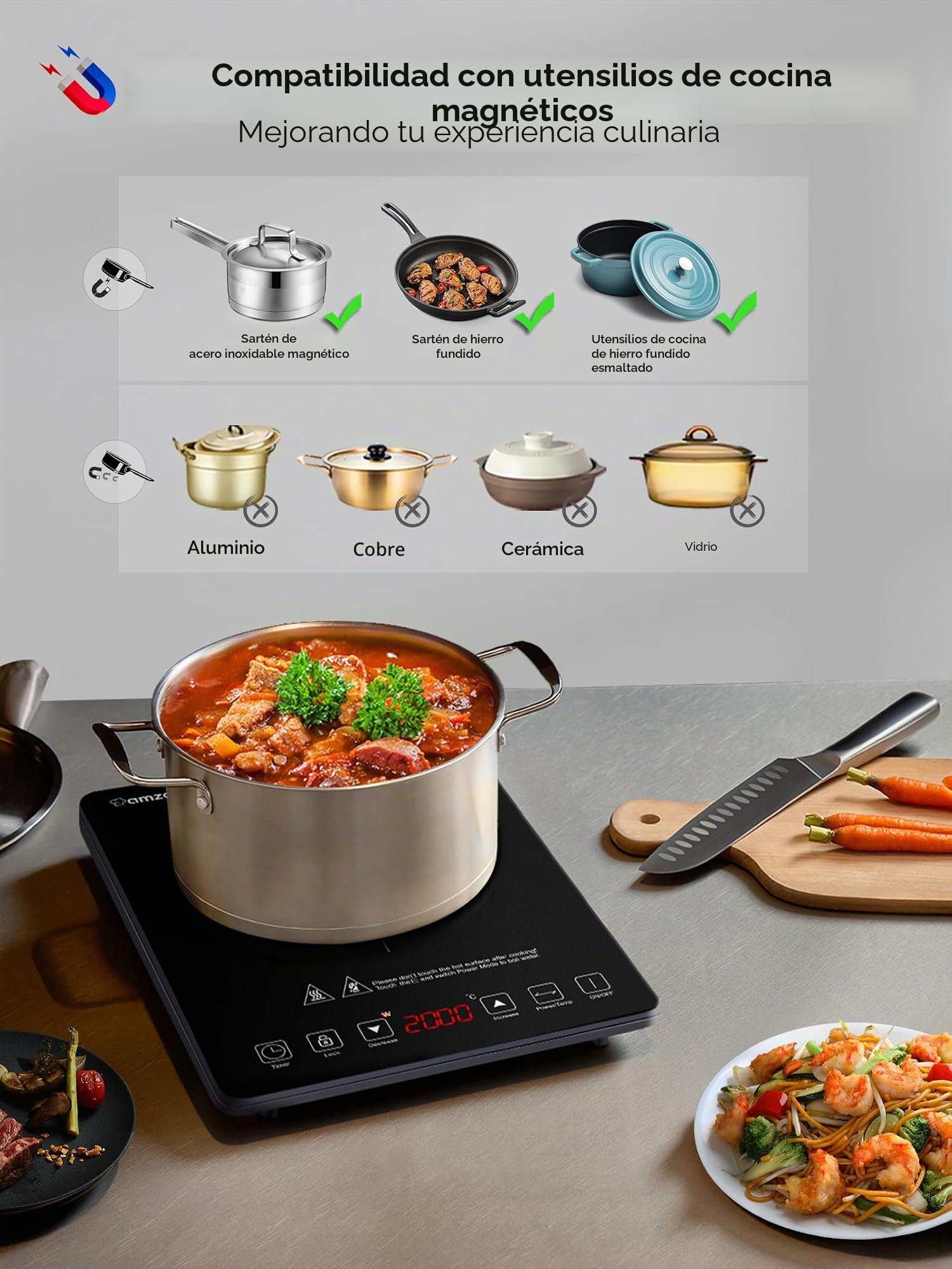Placa Inducción Portatil AMZCHEF, placa de inducción de 2000 W con cuerpo delgado, 20 niveles de potencia, 20 configuraciones de temperatura, temporizador de 3 horas, negro