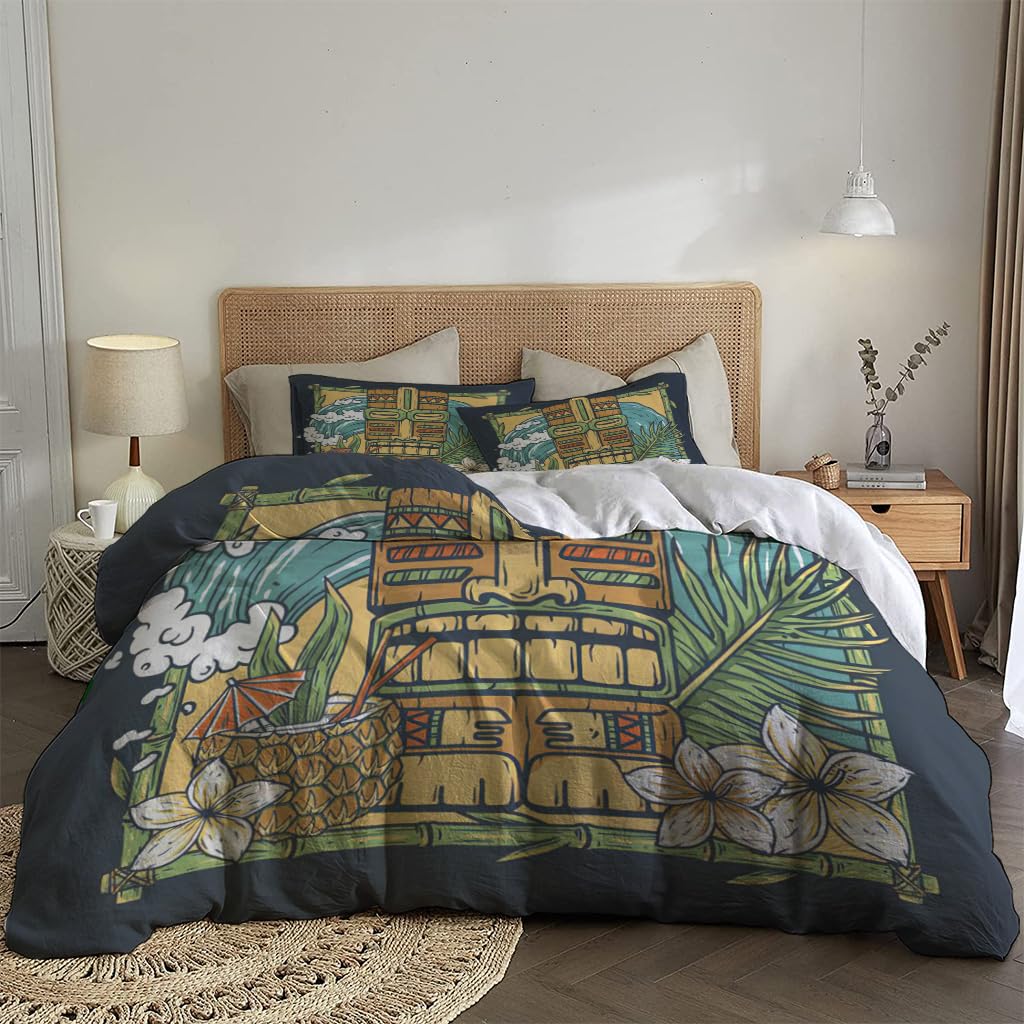 NIBAINLO 布団カバーサーフィン-ハワイ-プリント-カクテル-波 肌に優しい ピーチスキン加工 掛け布団カバー 和式 洋式 あったか 布団カバーセット リバーシブル ホームステイ ホテル 家庭兼用