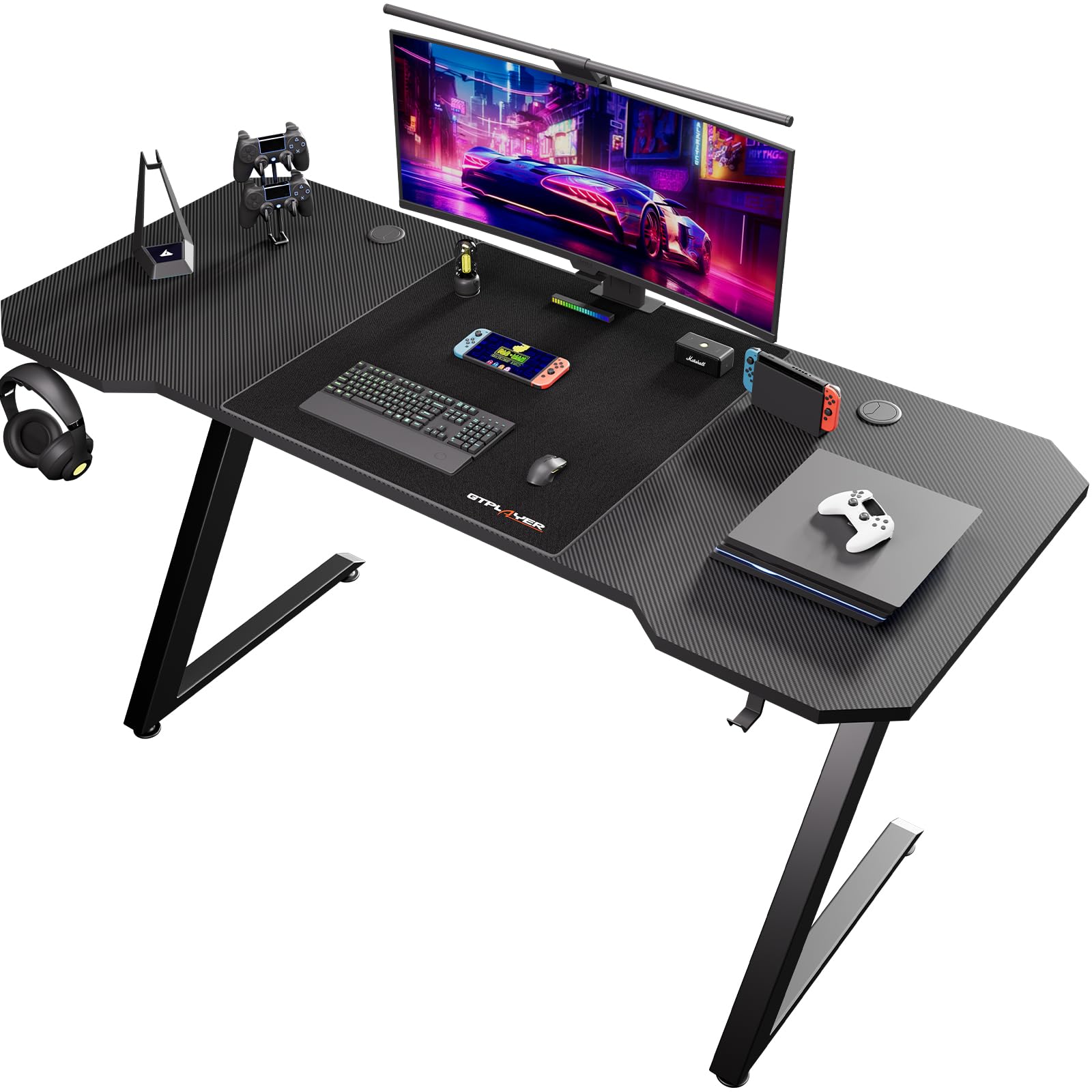 Mesa de Juego 120 x 60cm,con Superficie de Fibra de Carbono, Mesa de Ordenador Estable con Gancho para Auriculares, Negro