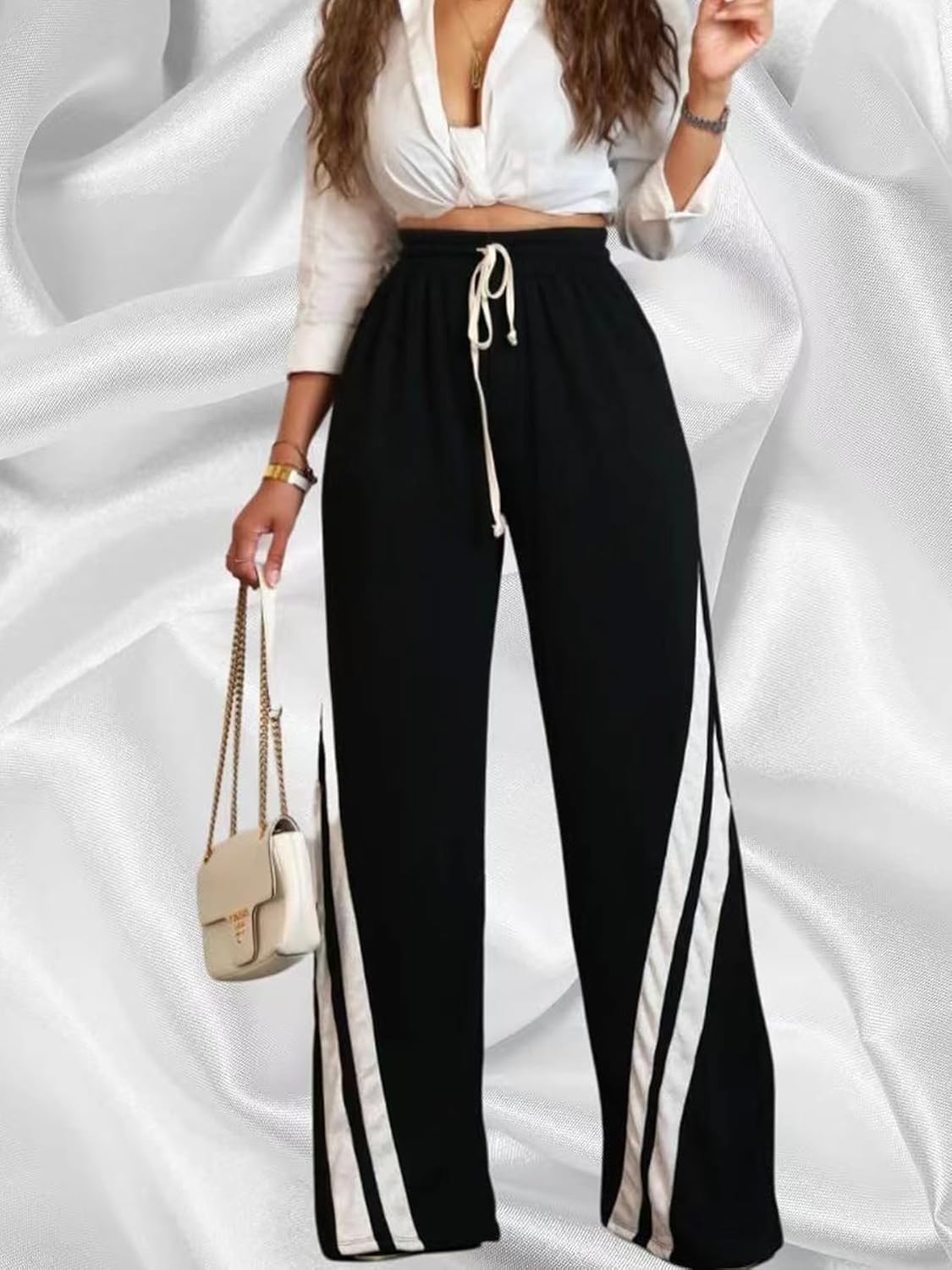 Wonen's Wide Leg Sweatpants Women Striped Drawstring Hight Waisted Baggy Jogger Track Trousers - Image 2