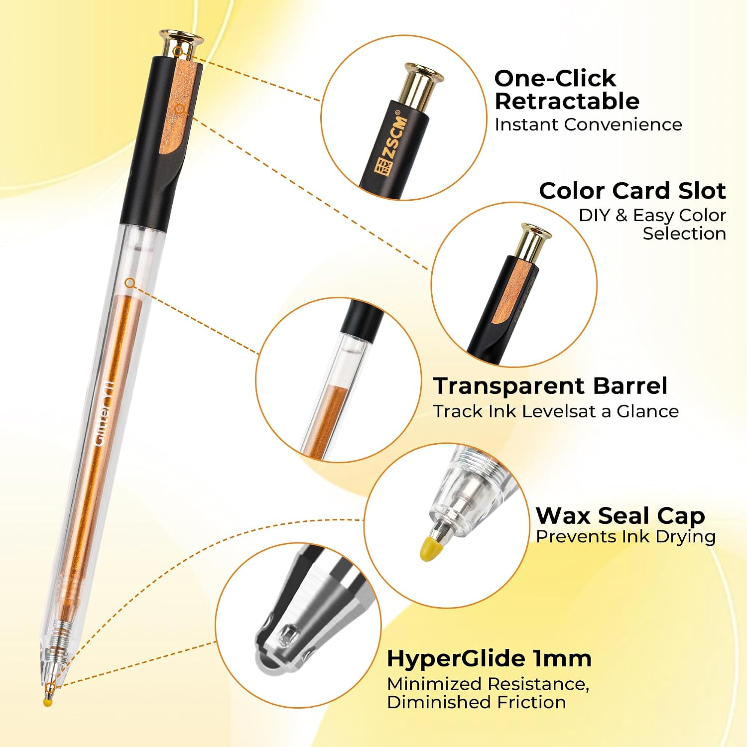 Yellow Retractable Glitter Gel Pens, 12 PCS Large Capacity Metallic Ink Pen thumbnail