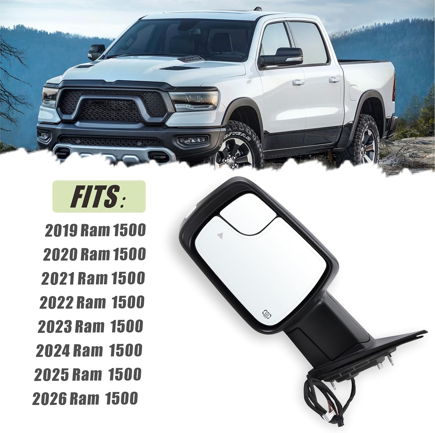 Left Driver Side Mirror Fits 2019-2026 Ram 1500 With Power Folding Heated Turn Signal Puddle Light Blind Spot Temperature Sensor Matte Black Replace#68462771AB(9+6Pins)