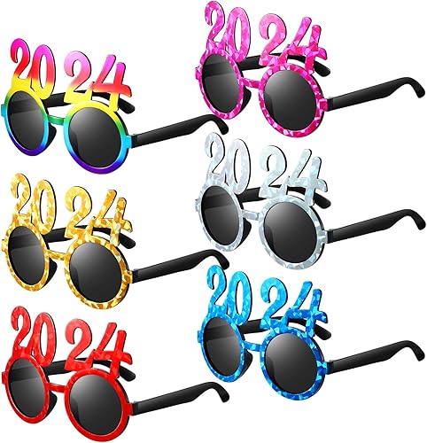 6 pares de lentes de Año Nuevo 2024, gafas de Año Nuevo, número de fiesta, reunión familiar, accesorios para cabina de fotos de Año Nuevo,