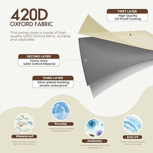 Miniatura 5 de Funda colgante para columpio de porche, impermeable, 420D, para exteriores, patio, columpio, 56 x 25 x 32 pulgadas, beige y café