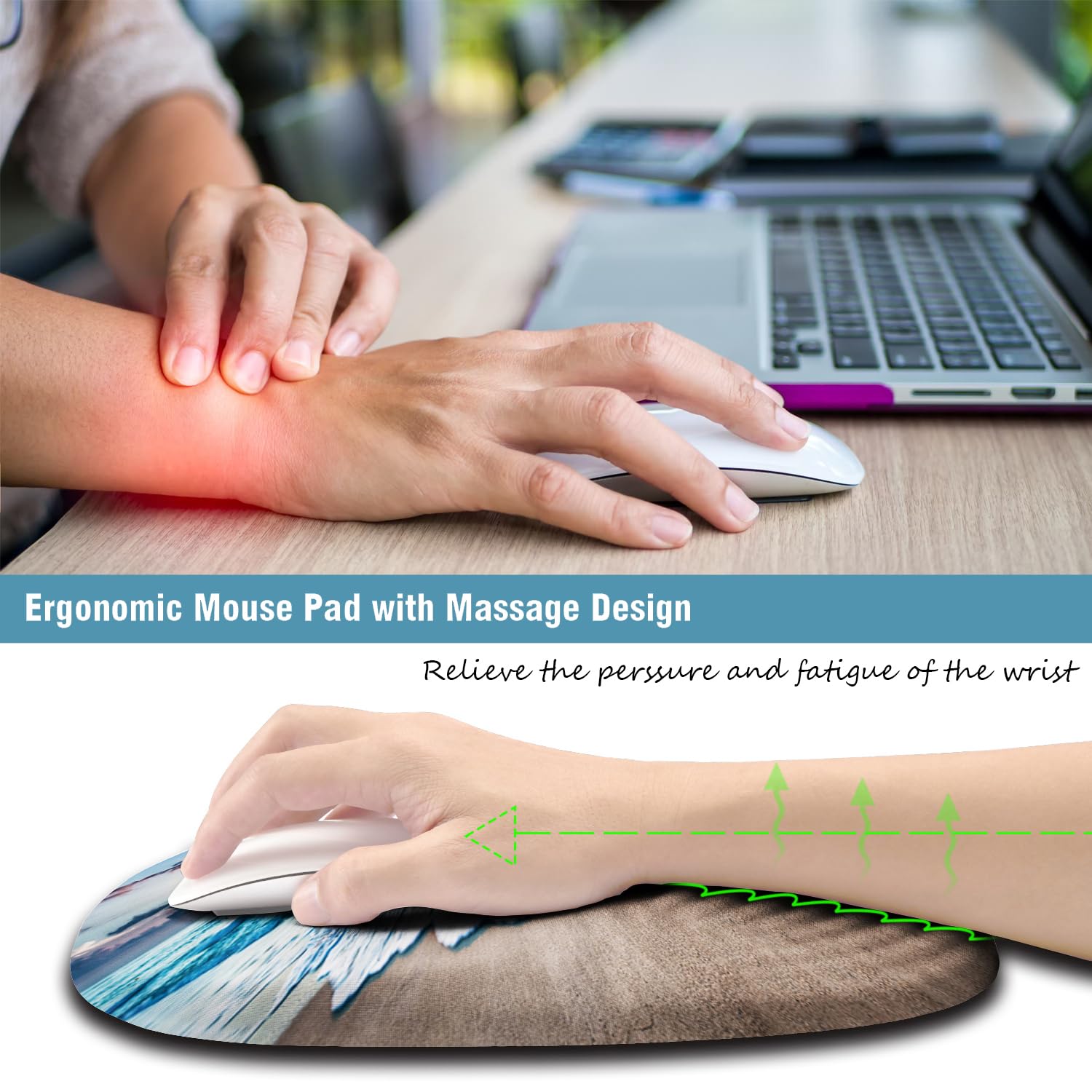 Tappetino per mouse con poggiapolsi, tappetino per mouse ergonomico con supporto per il polso, in memory foam e base antiscivolo in PU con design a cuneo a gradini per alleviare il dolore,