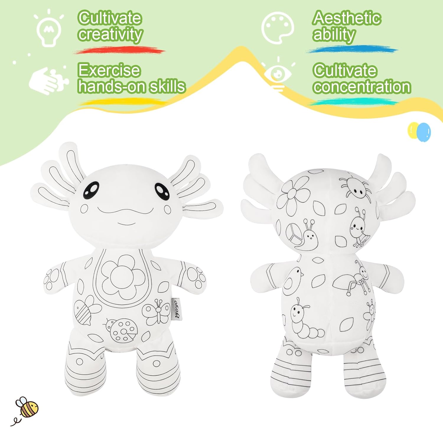 IFOYO Coloring Plush Toy with 5 Washable Markers, Creative Axolotl Airbrush Plush, Cute Stuffed Animal Doll for Ages 4-6, Surprise Kids Toy for Nursery Decor, Travel, Playtime, Birthday Gift