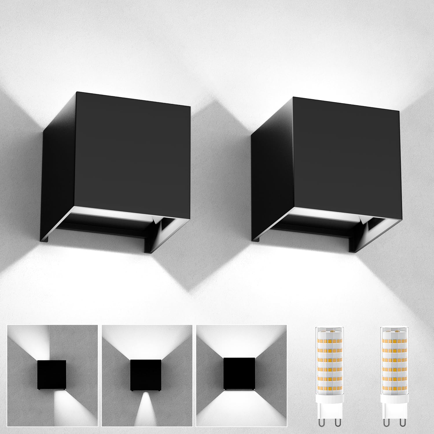 YrgePowk 2 Piezas Aplique Pared Interior/Exterior, Lampara de pared Con G9 LED Bombillas Reemplazables 9W 6000K Blanco Frío, Aplique Pared Exterior Impermeable IP65 Ángulo de haz Ajustable Negro