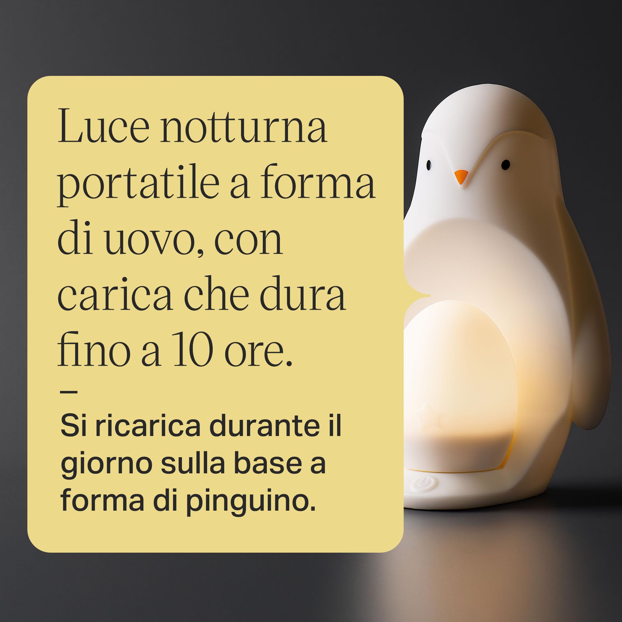 Tommee Tippee Luce da notte portatile pinguino per stanza da letto 2-in-1 con luce a uovo portatile, luminosità regolabile, alimentata via USB