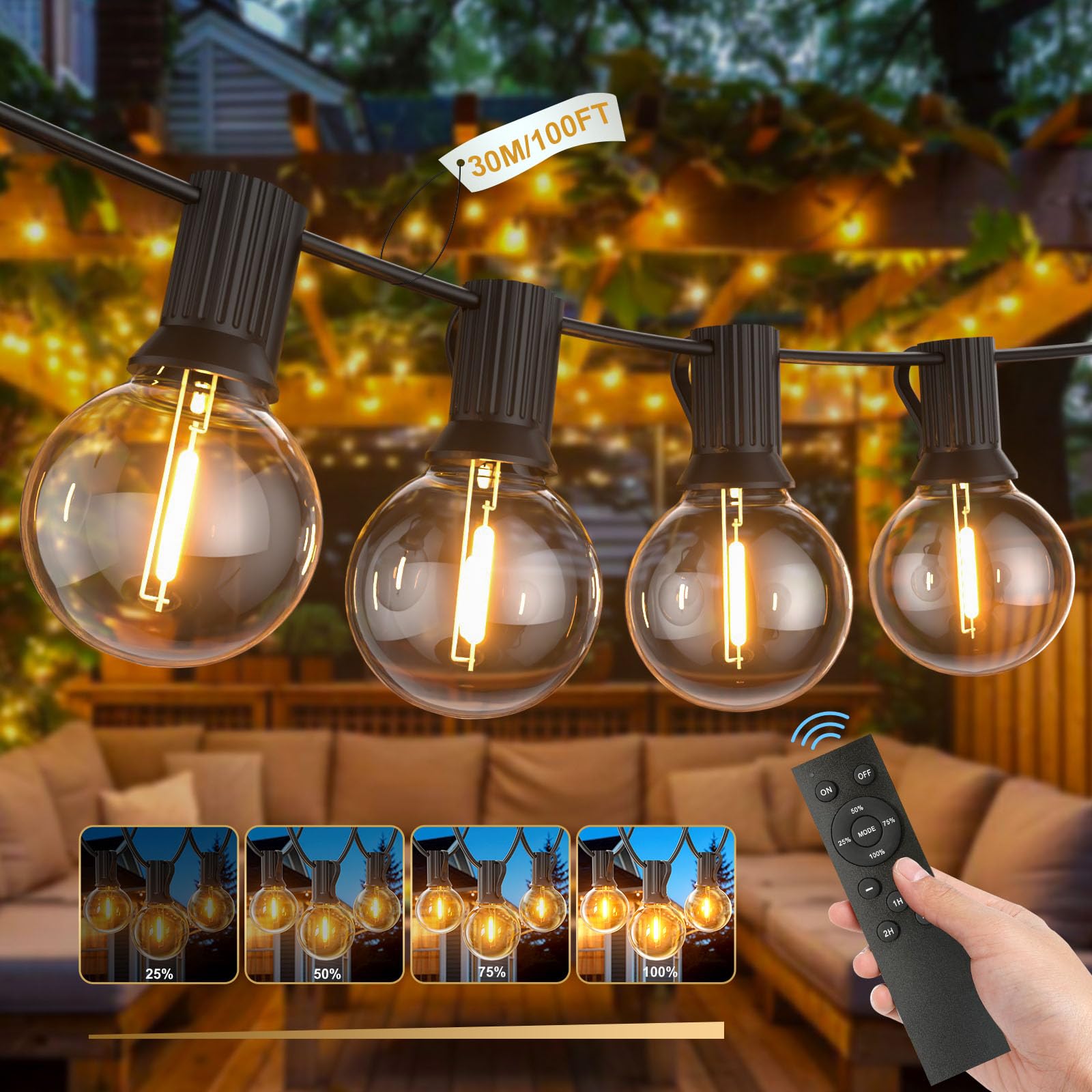 LONIUTO Festoon Lights Outdoor, 30M Festoon String Lights Mains Powered, 50+2 G40 Shatterproof Bulbs, Connectable Waterproof Garden Fairy Light with RF Remote/Timer/3 Modes for Outside Party Patio