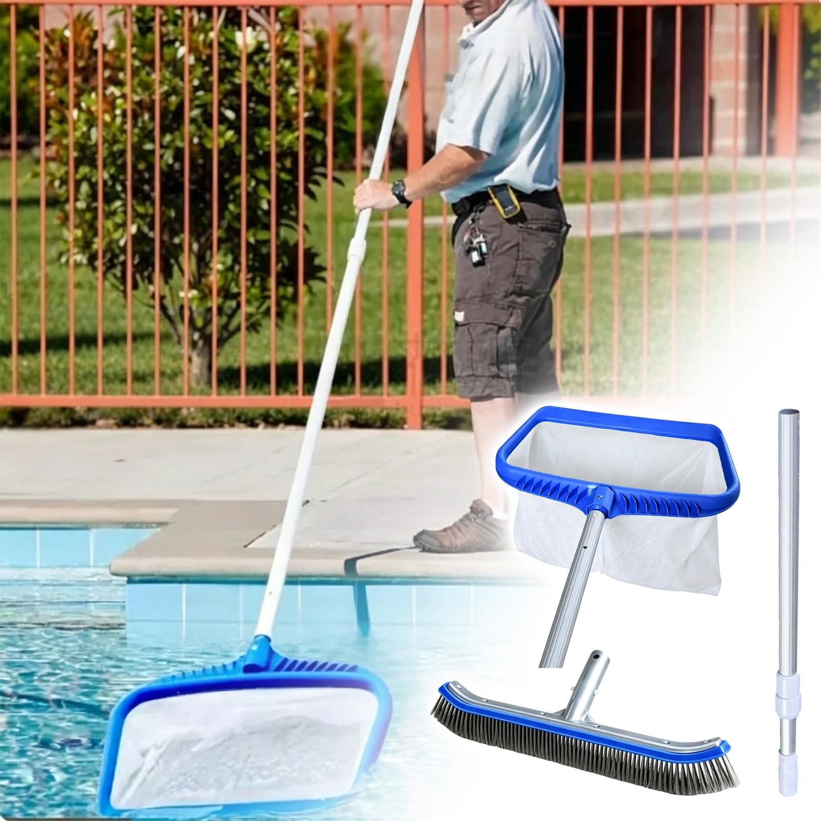 Lzmzmq One Color Swimming Pool Cleaning Set, Combo Fine Mesh Pools Skimmer Net And Pool Brush, Complete Pools Accessories For Ponds Spas Hot Tubs(6.8M/22.3Ft)