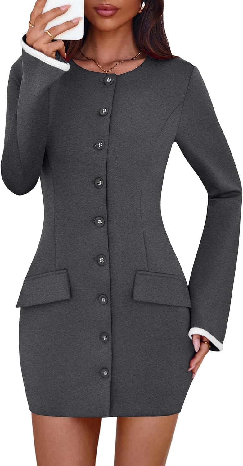 Lazysmile Women's Casual Dresses Long Sleeve Boat Neck Button Down Bodycon Mini Fall Party Club Cocktail Dresses for Women