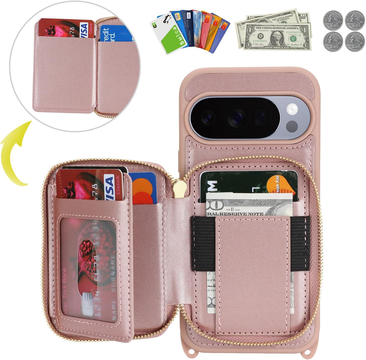 Crossbody Wallet Case for Pixel 10/10 Pro, PU Leather Zipper Handbag Purse Flip Cover, Kickstand Folio Case with Card Slots Holder Wrist Strap Lanyard -Rose Gold