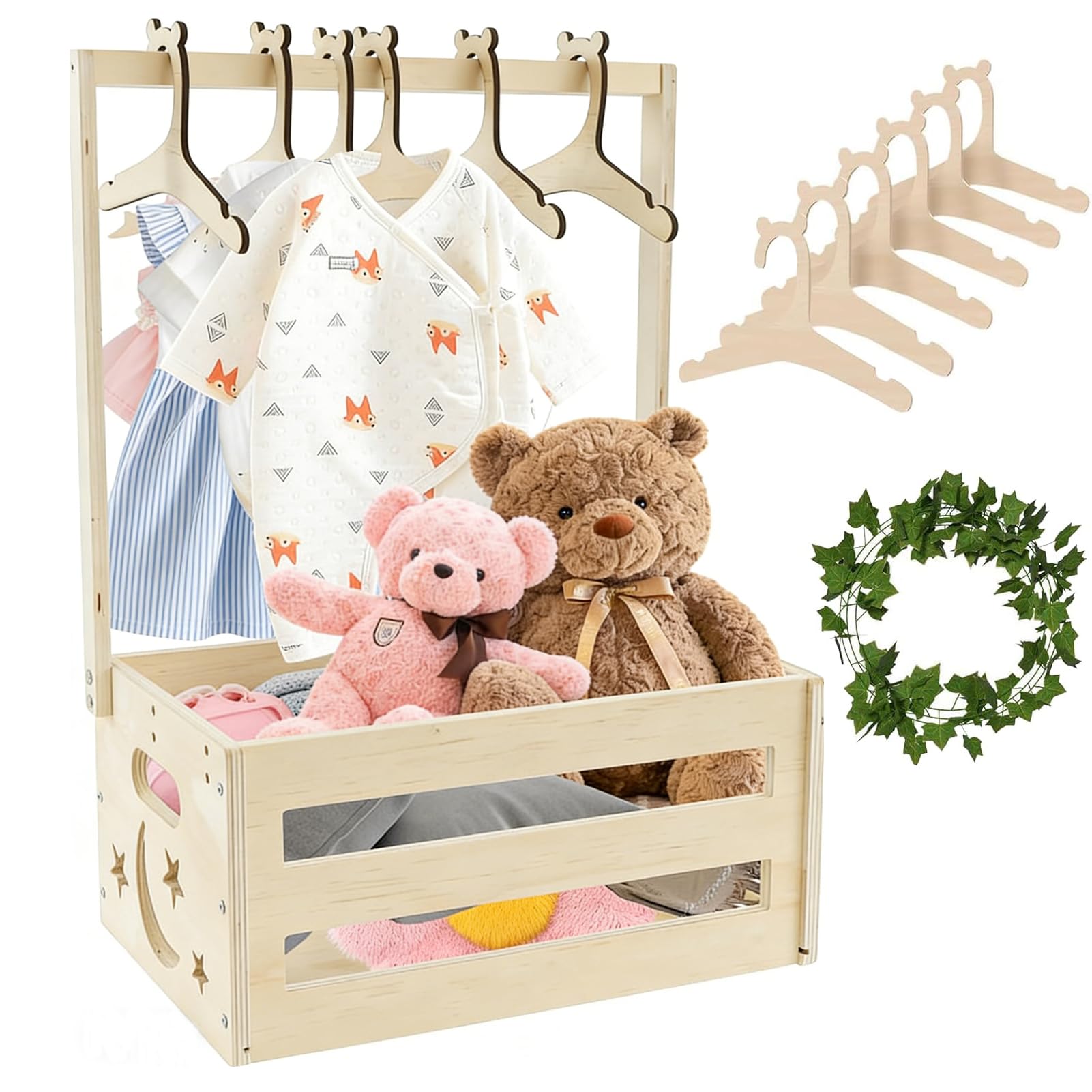 Twshiny Baby Shower Crate, Wooden Baby Shower Hamper Basket Baby Shower Clothes Rack with Hangers Baby Gifts for New Born Baby Girl Boy (Moon) — image 1