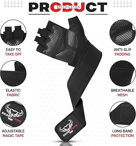 Miniatura 2 de BEAST RAGE Guantes de entrenamiento acolchados para hombres, correas largas para la muñeca estabilizan el agarre para adultos, guantes de