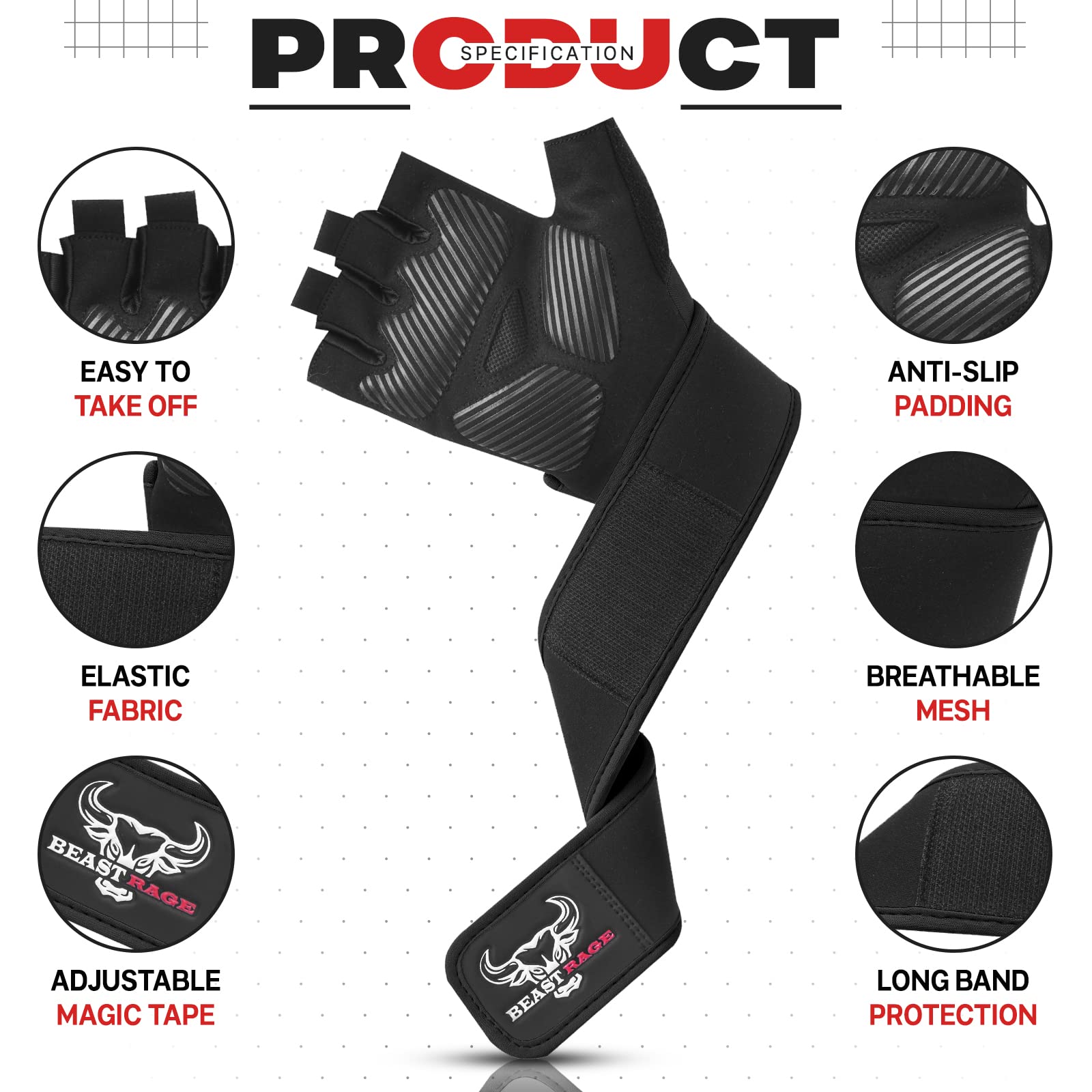 BEAST RAGE Guanti per sollevamento pesi con supporto polso e protezione palmo, traspiranti, nero