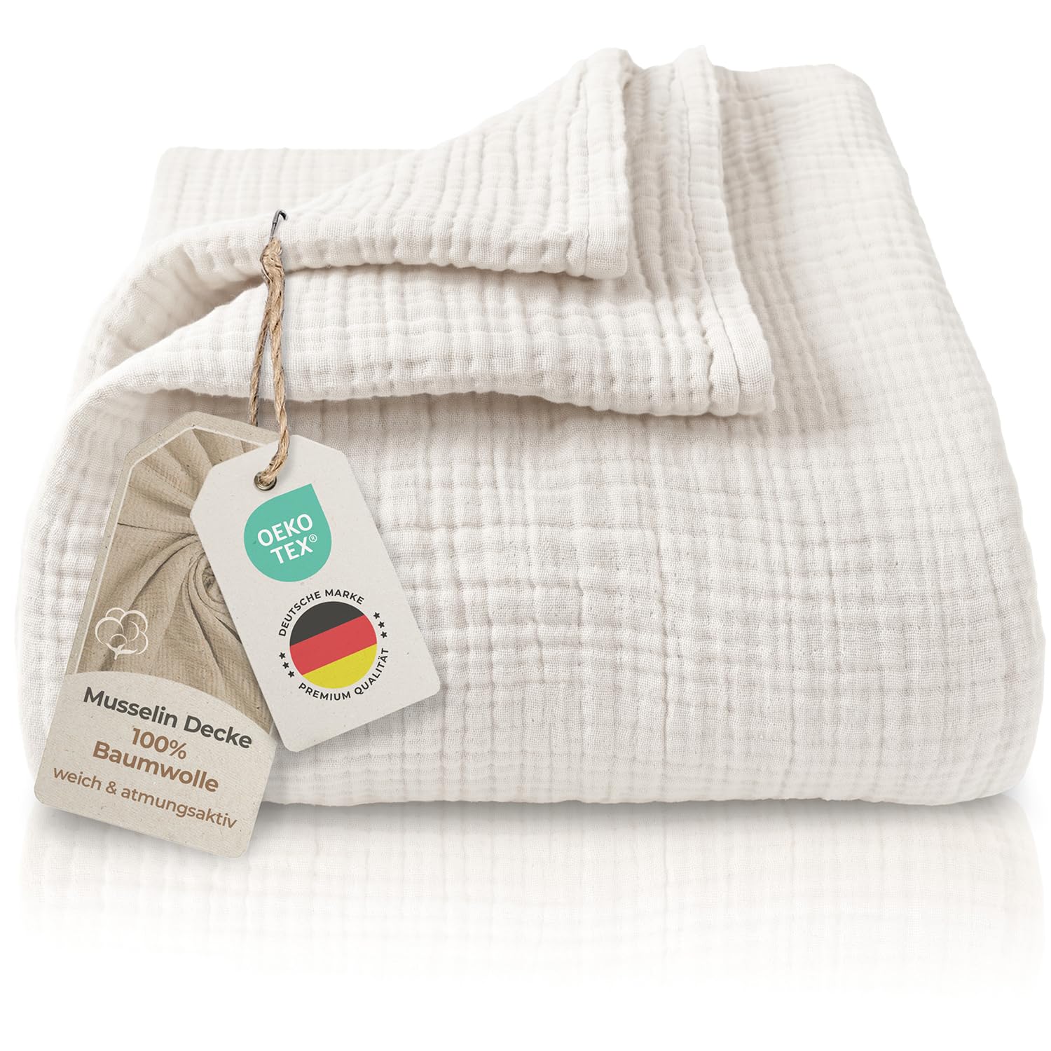 LAYNENBURG Premium Musselin Tagesdecke 180x220 cm - 100% Baumwolle - extraweiche Baumwolldecke als Kuscheldecke, Bett-Überwurf, Sofa-Überwurf, Couch-Überwurf - warme Sofa-Decke (Creme)