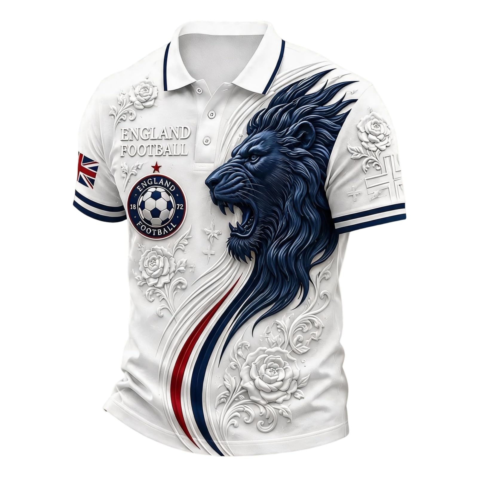 Men’s England Football Shirt 2026 with Lion Print Collared Short Sleeve Polo Shirt for Supporters of Football National Flag Casual Print Button Down Collar Top Outdoor Sports Shirts 11#White 4XL