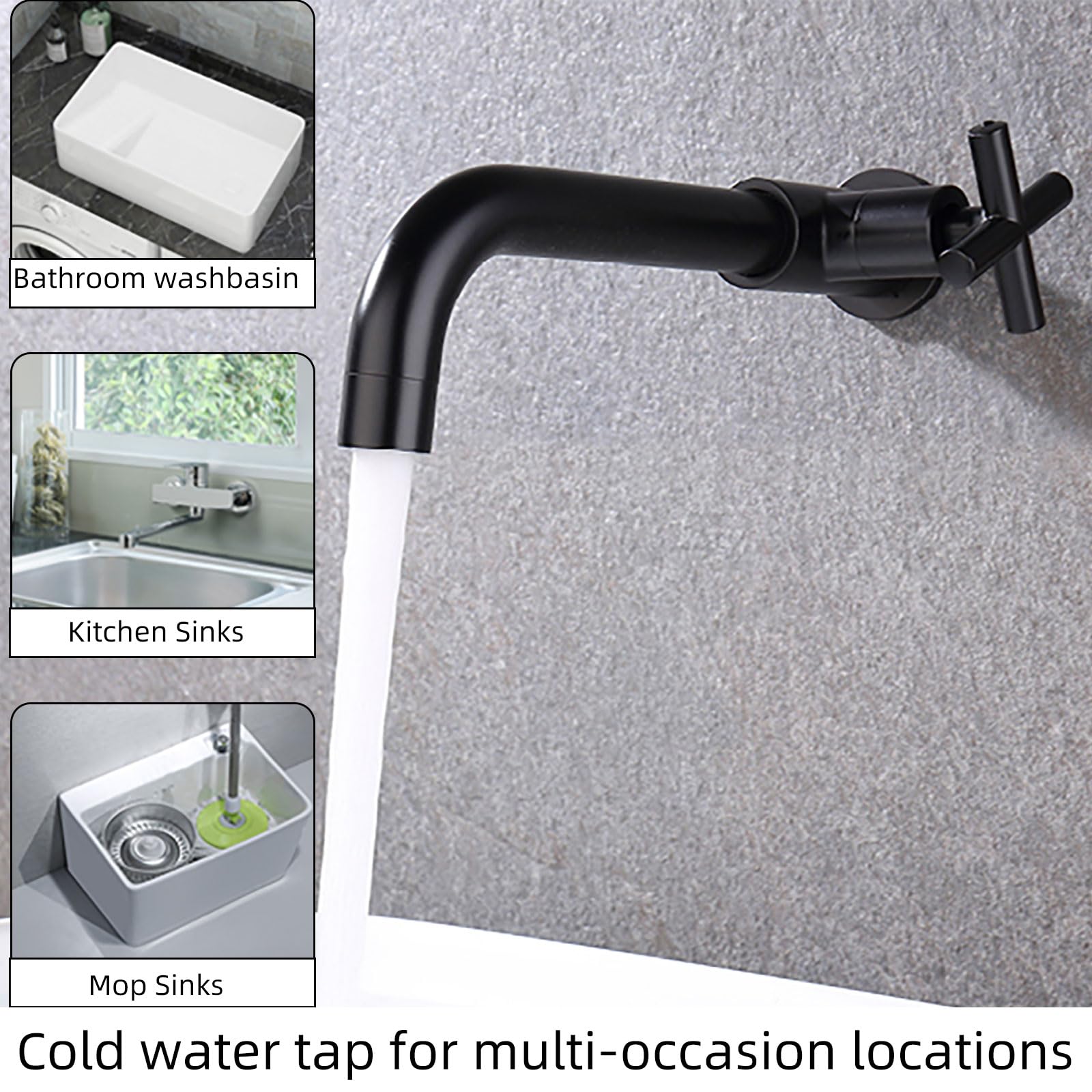 PHASAT Grifo de Agua Fría en Pared Negro Grifo Cocina de Pared de Montaje Grifo de Lavabo de Latón para baño, fregona, piscina, lavadora, grifos de jardín PTMP20B